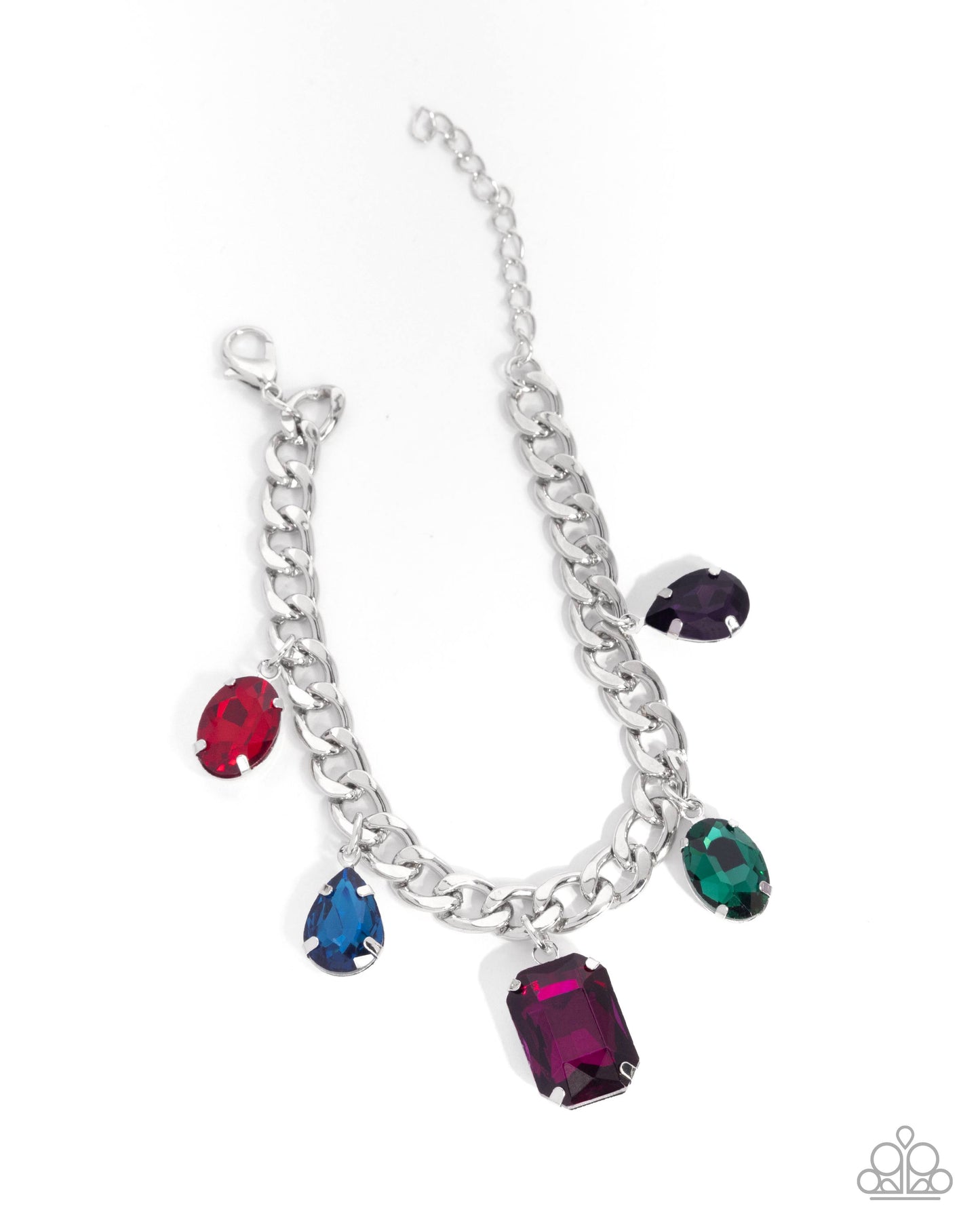 Silver chain bracelet with multicolored gemstones on a white background