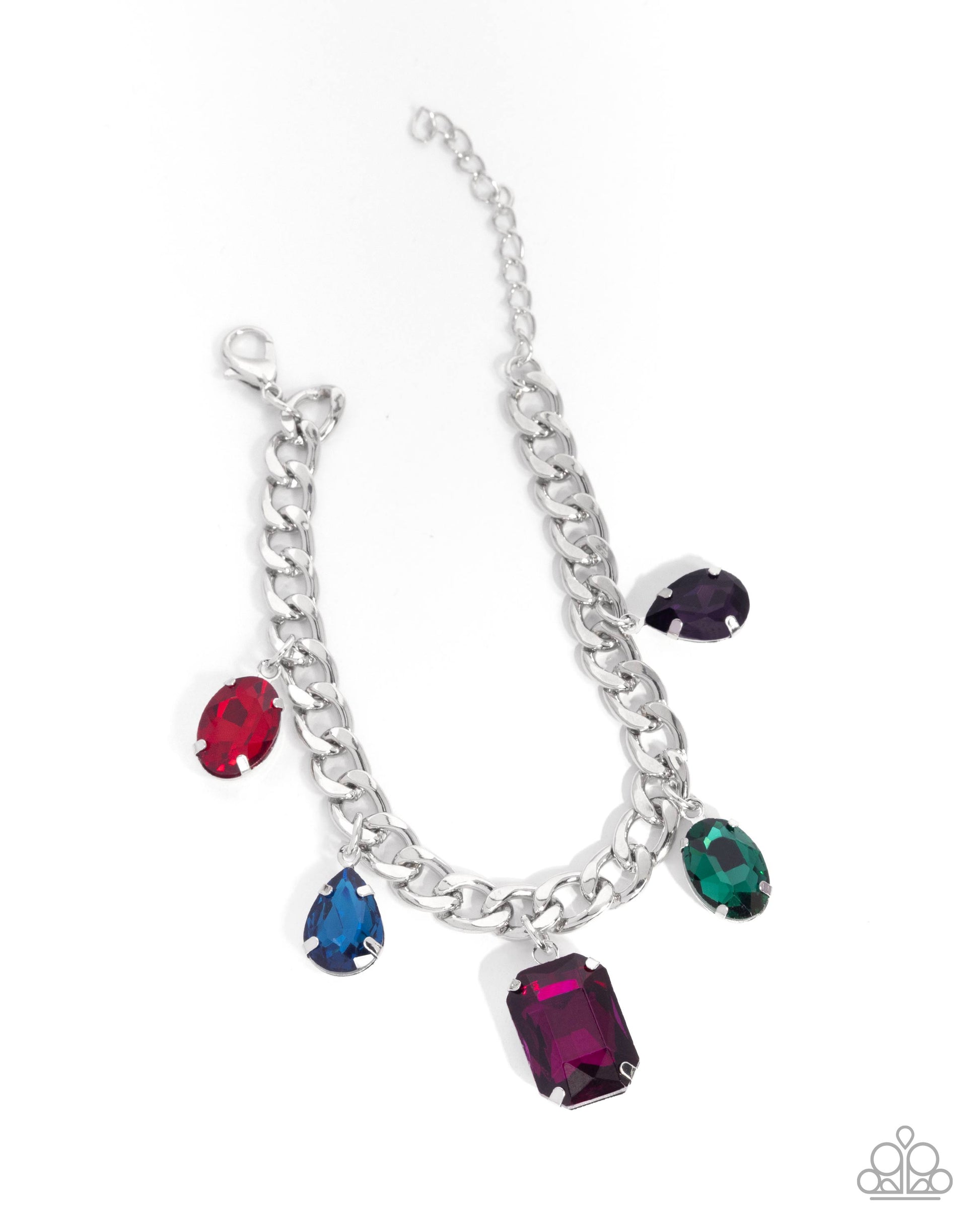 Silver chain bracelet with multicolored gemstones on a white background