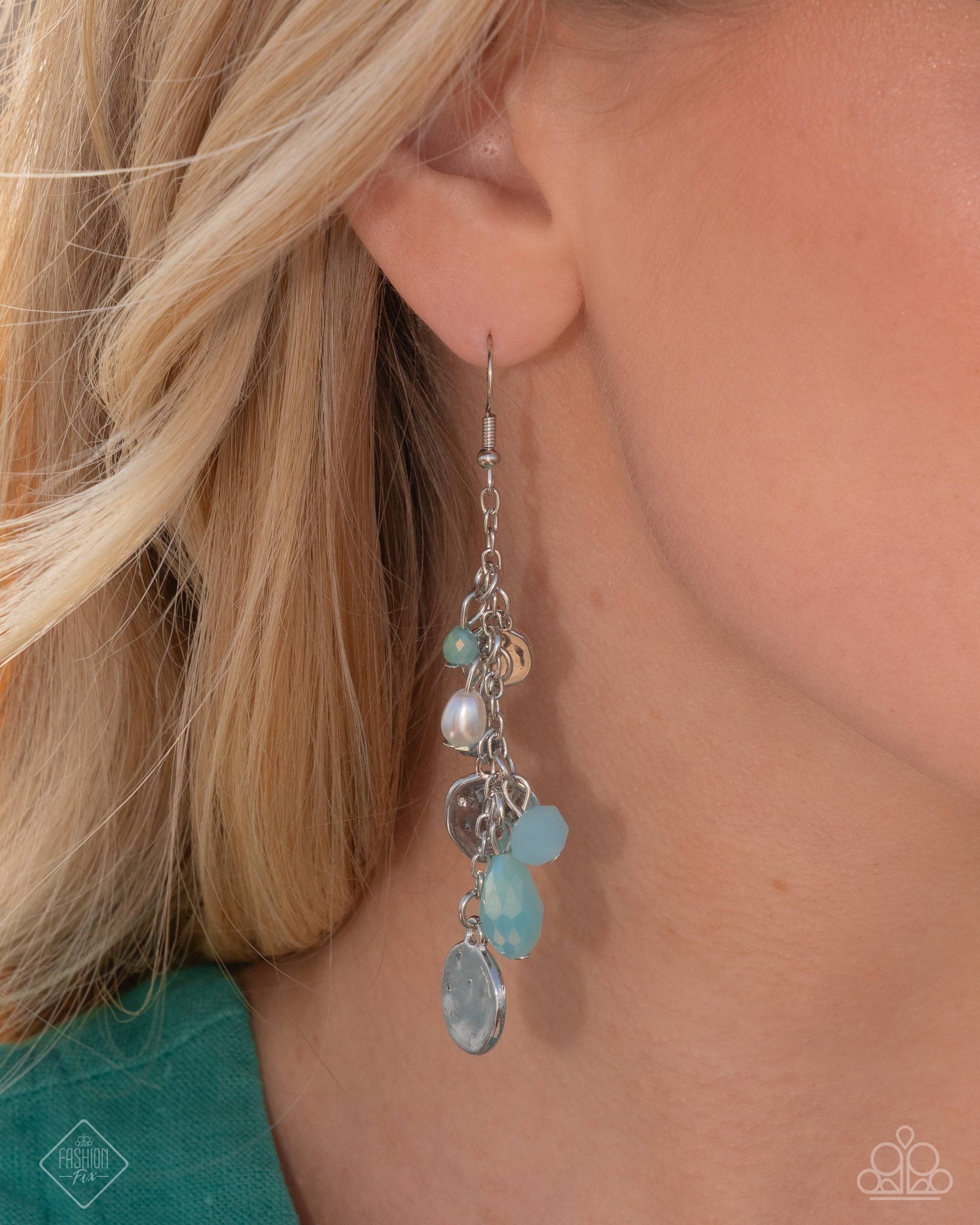 Refreshing Rapture blue beaded fringe earrings with green beads, white pearl, and silver disc accents