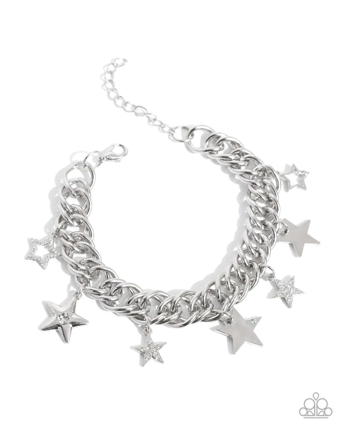 Silver chain bracelet with star charms on a white background