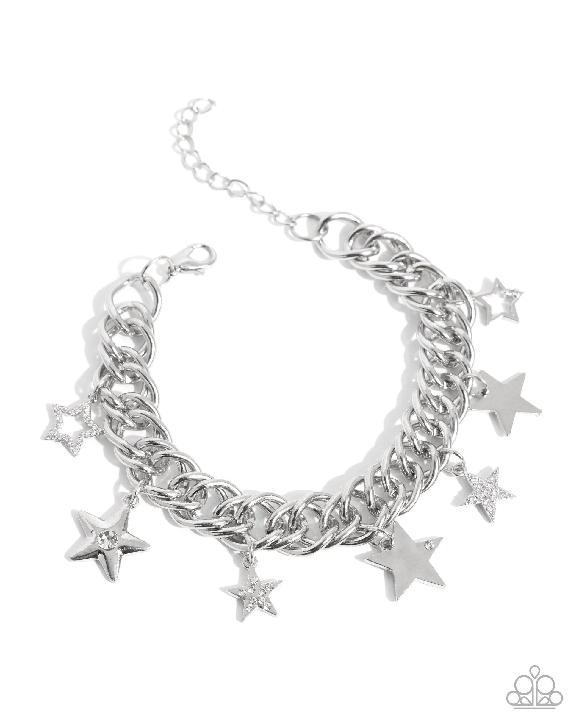 Silver chain bracelet with star charms on a white background