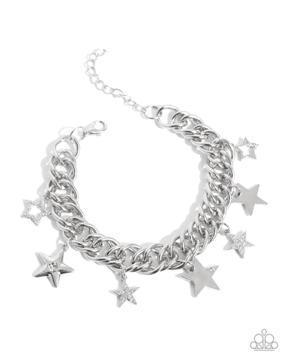 Silver chain bracelet with star charms on a white background