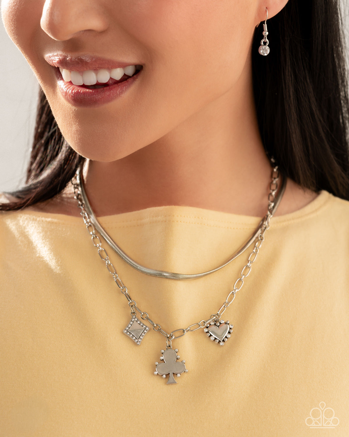 Paparazzi Sentimental Sunset white charm layered silver necklace, alternate image 2 | Jewelry by Bretta