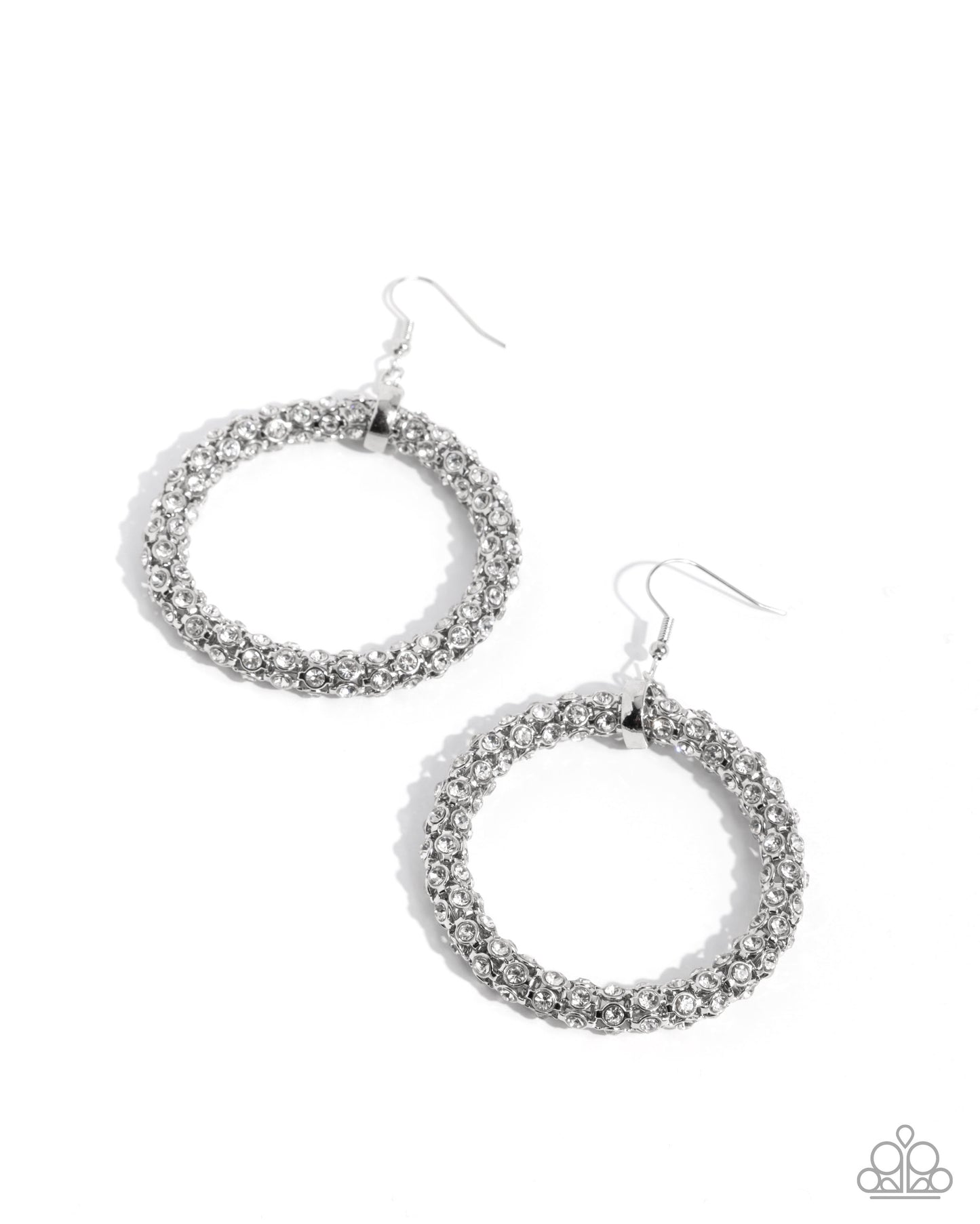 Purple chain earring worn by a model on a white background