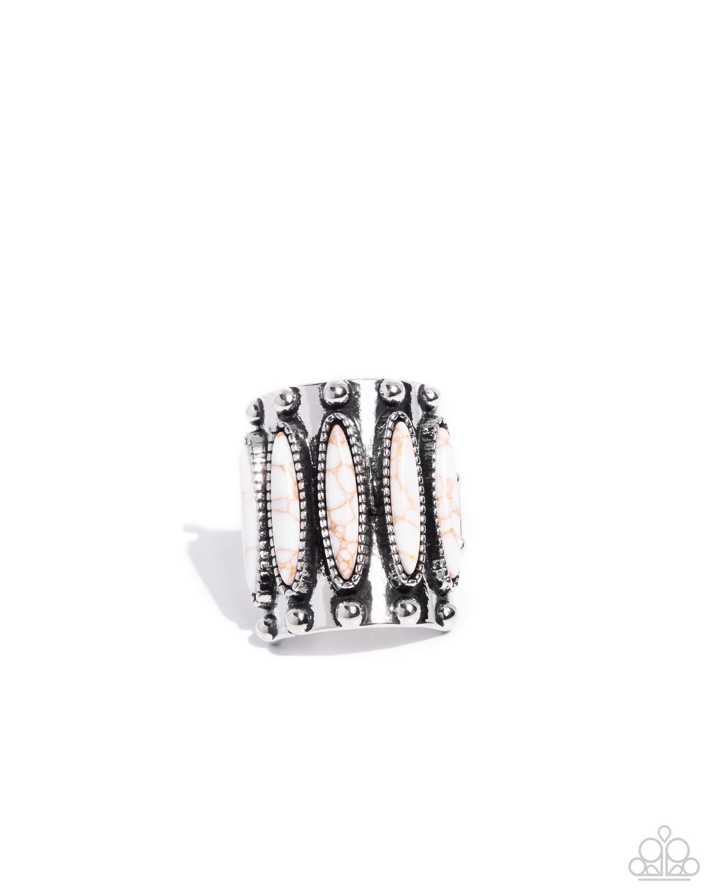 Silver ring with intricate design on a white background