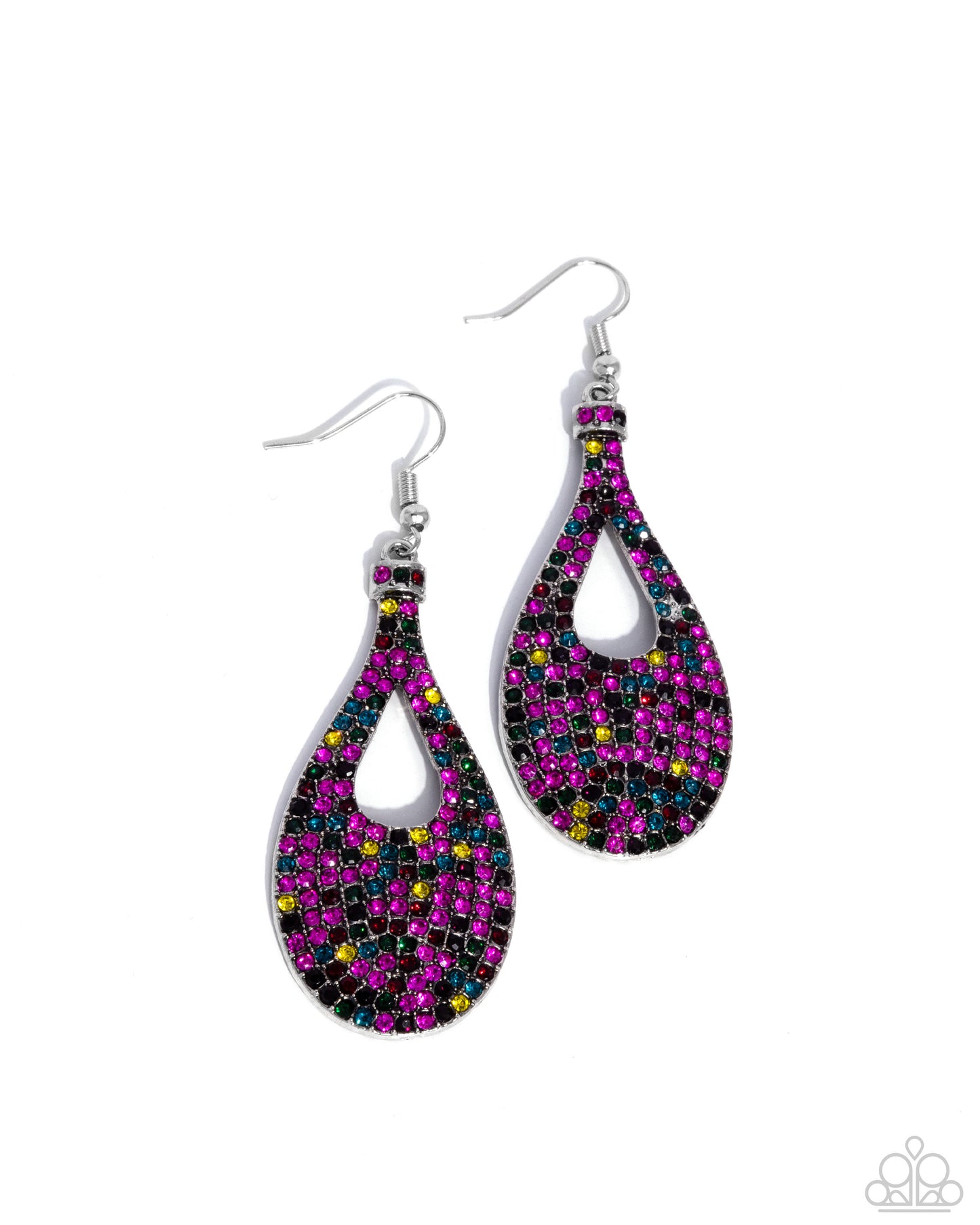 Pair of teardrop-shaped earrings with multicolored gemstones on a white background