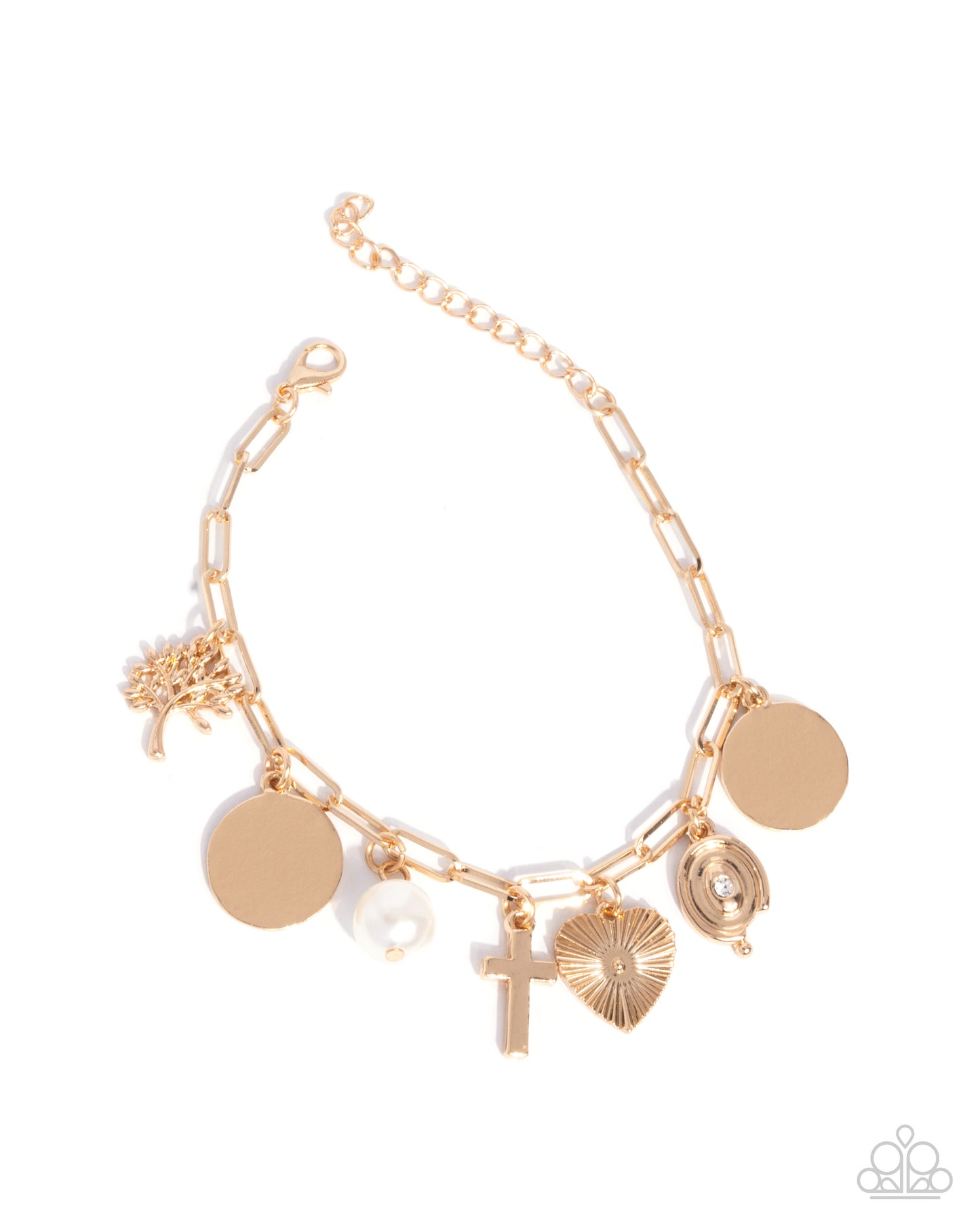 Gold bracelet with various charms on a white background