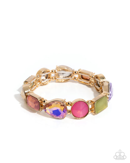 Gold bracelet with colorful gemstones on a white background