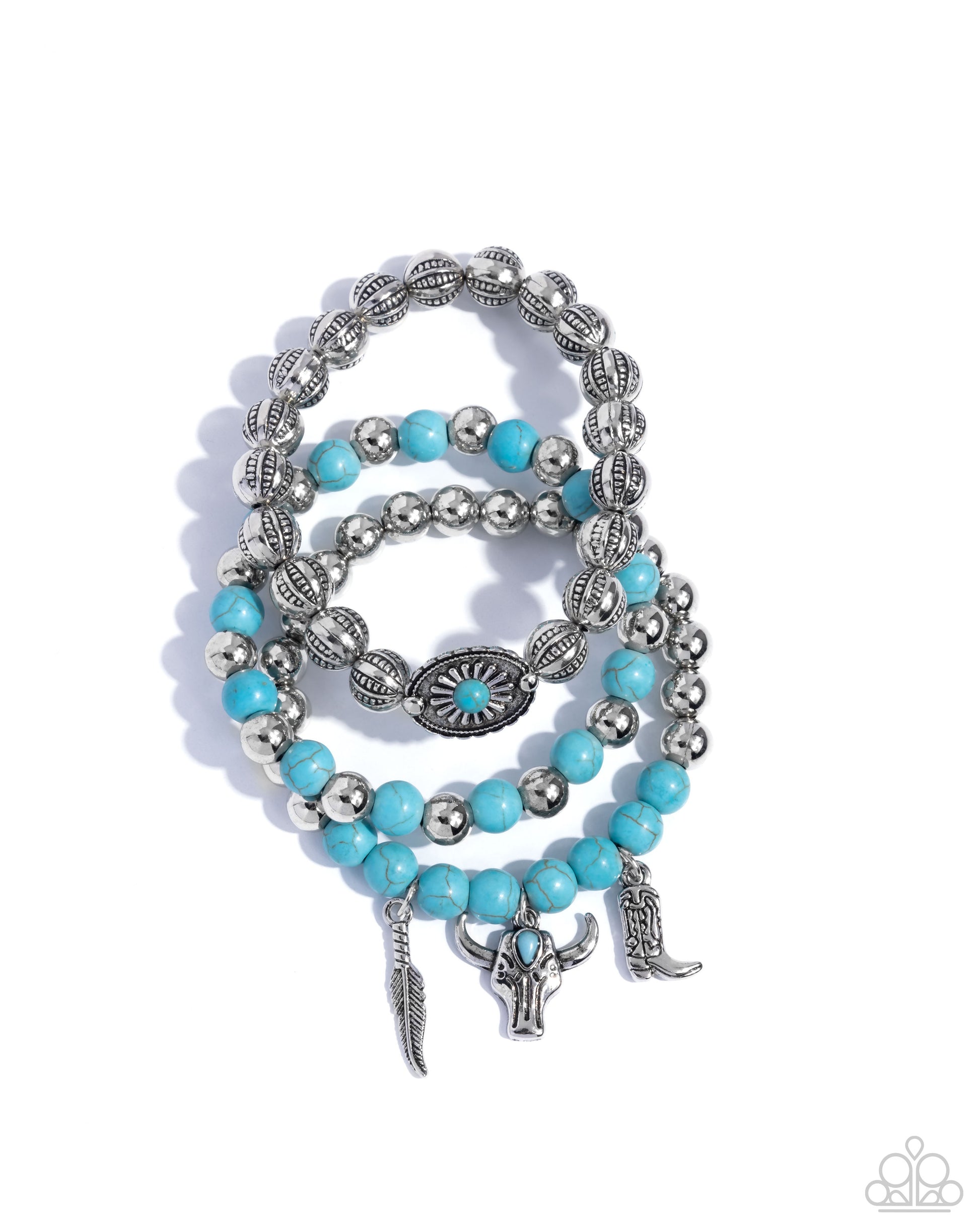 Stack of silver and turquoise beaded bracelets with charms on a white background