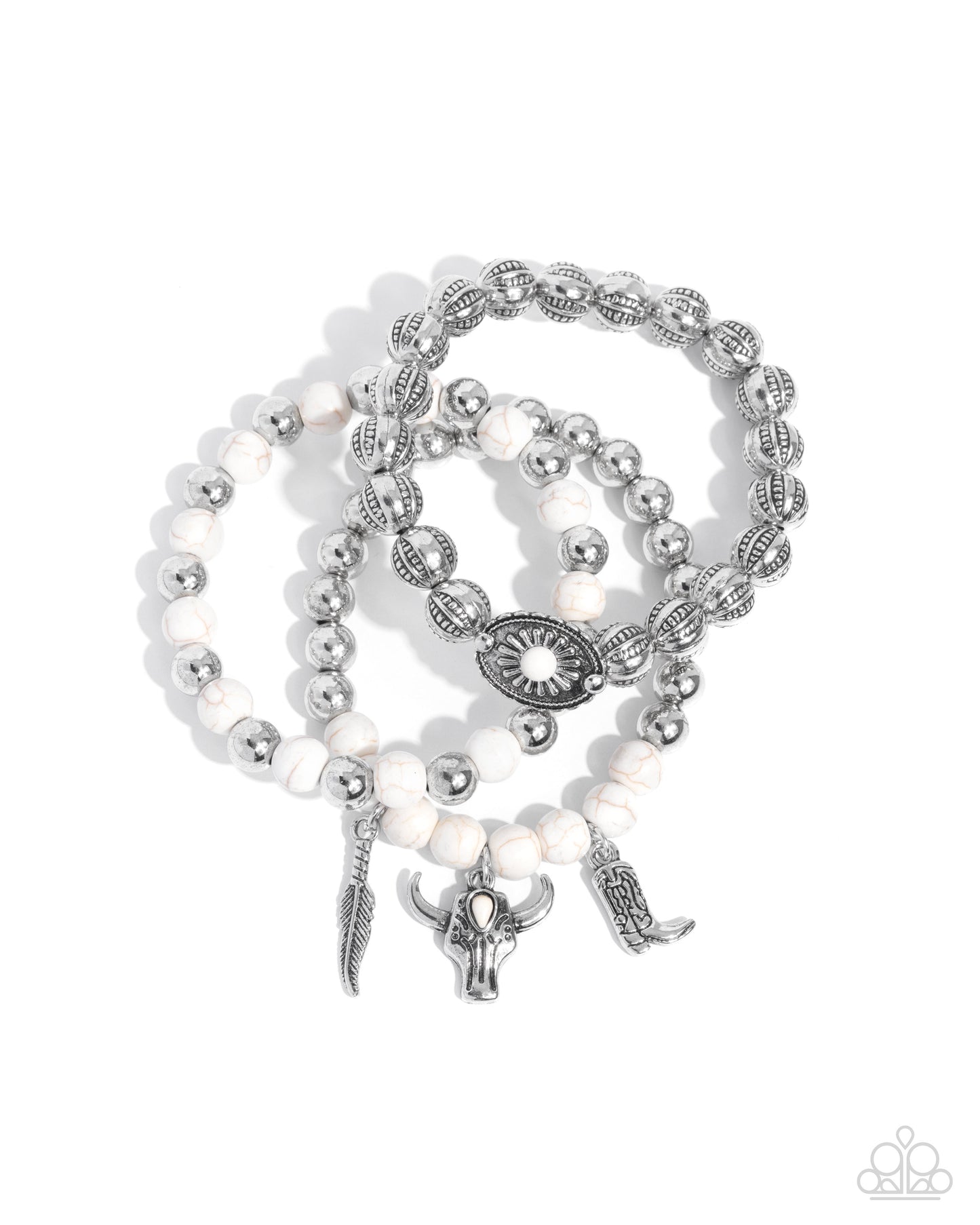 Set of pearl and silver beaded bracelets with charms on a white background