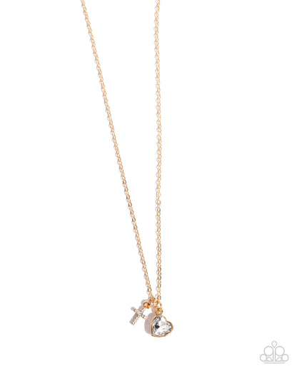 Paparazzi Blessed Brilliance gold heart and cross necklace, product image | Jewelry by Bretta