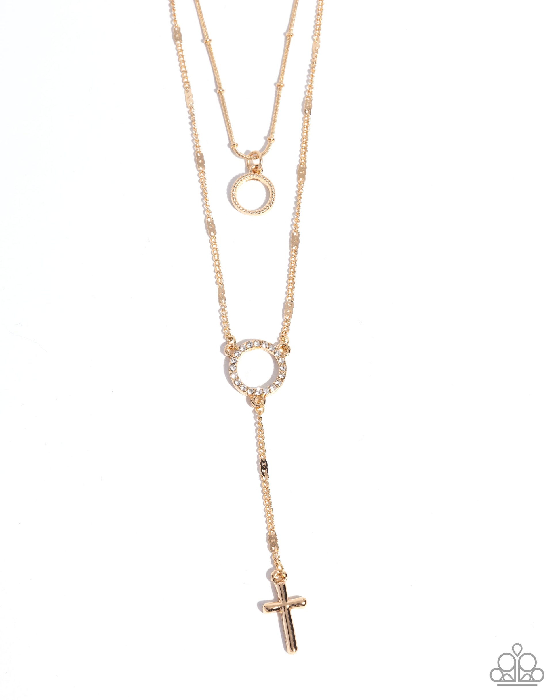 Rose gold necklace with circular pendants and a cross on a white background