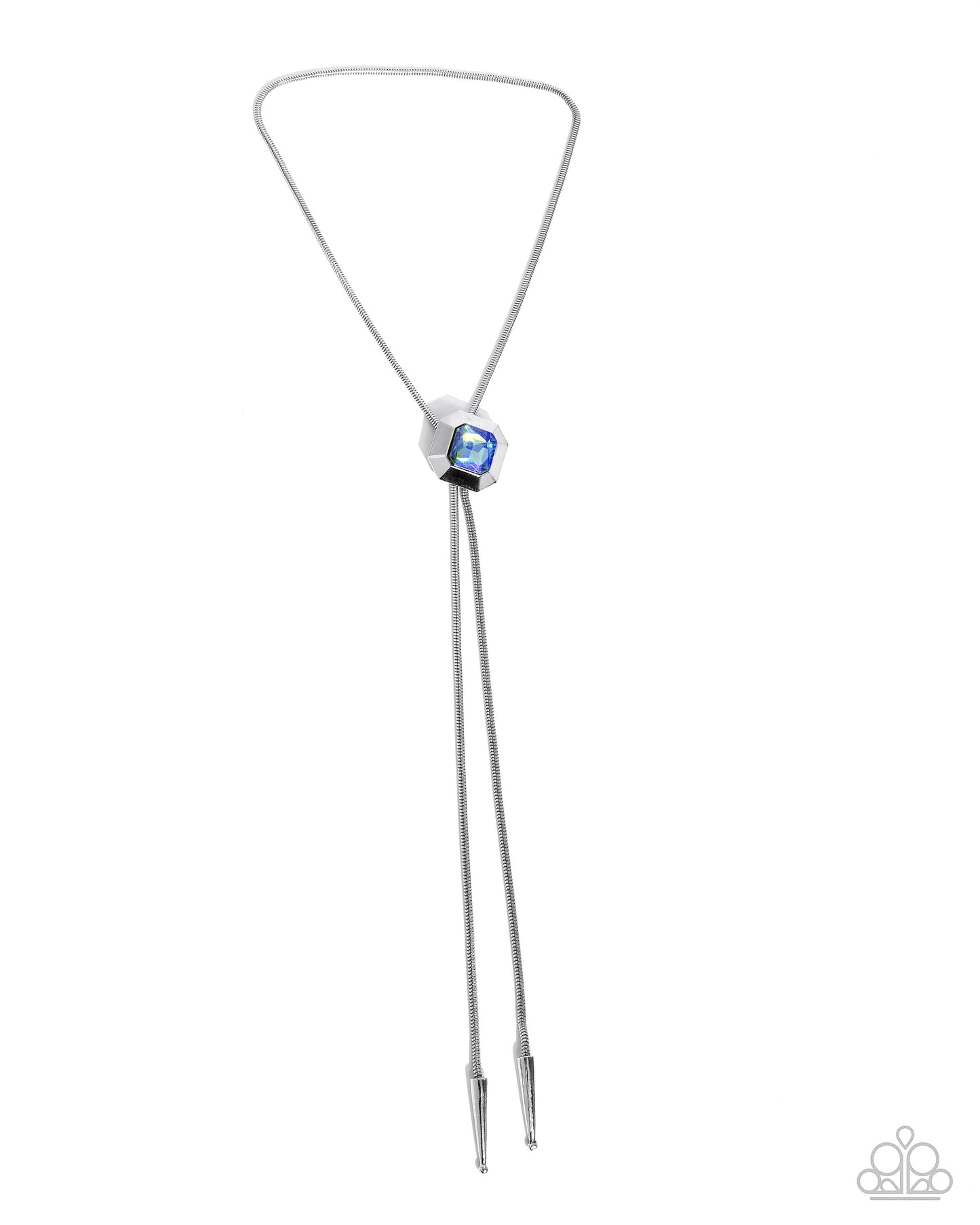 Metallic silver hairpin with blue gem on a white background