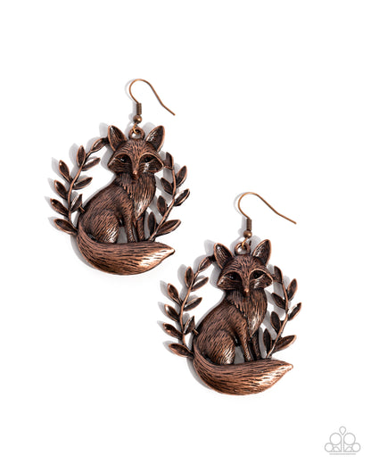 Pair of bronze fox earrings on a white background