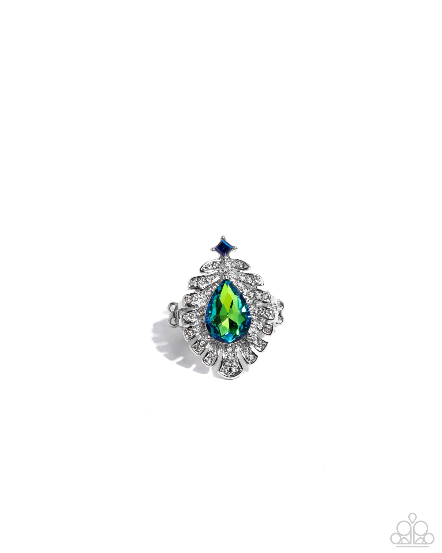 Earring with a multicolored gemstone and silver setting on a white background