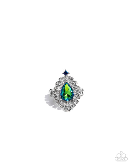Earring with a multicolored gemstone and silver setting on a white background