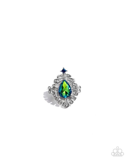 Earring with a multicolored gemstone and silver setting on a white background