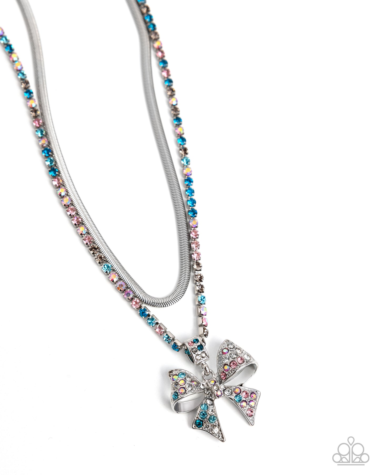 A silver-tone double-strand necklace featuring a snake chain and a beaded chain with a bow-shaped pendant, embellished with iridescent and pastel rhinestones, shown on a white background.