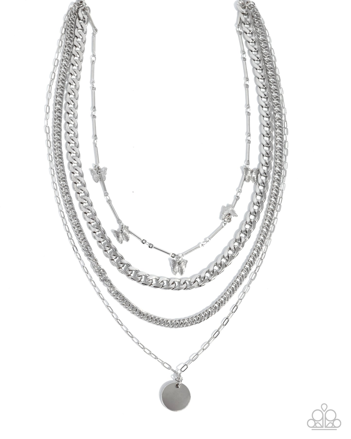 Stack of silver necklaces on a white background