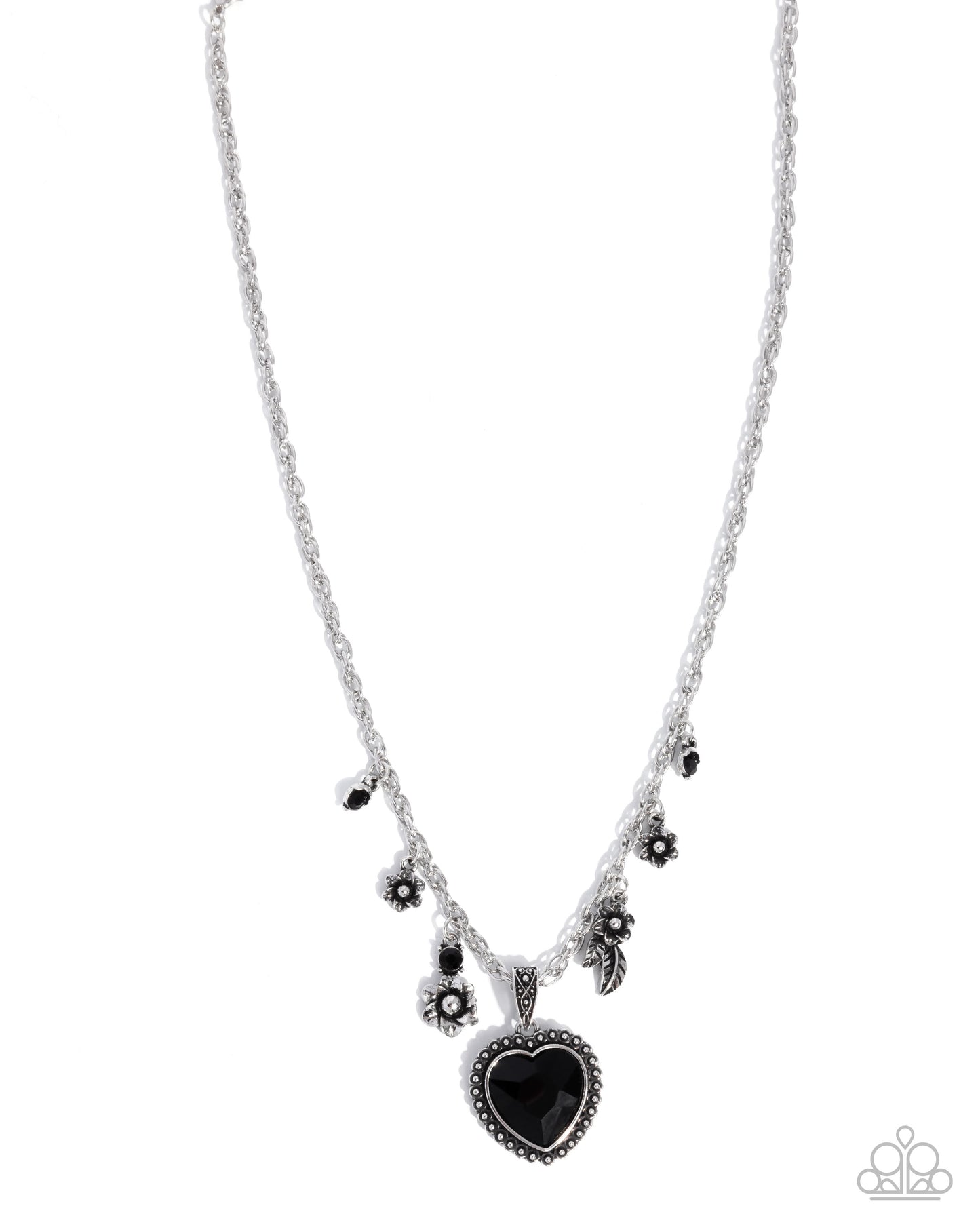 Necklace with black heart pendant and floral elements on a white background
