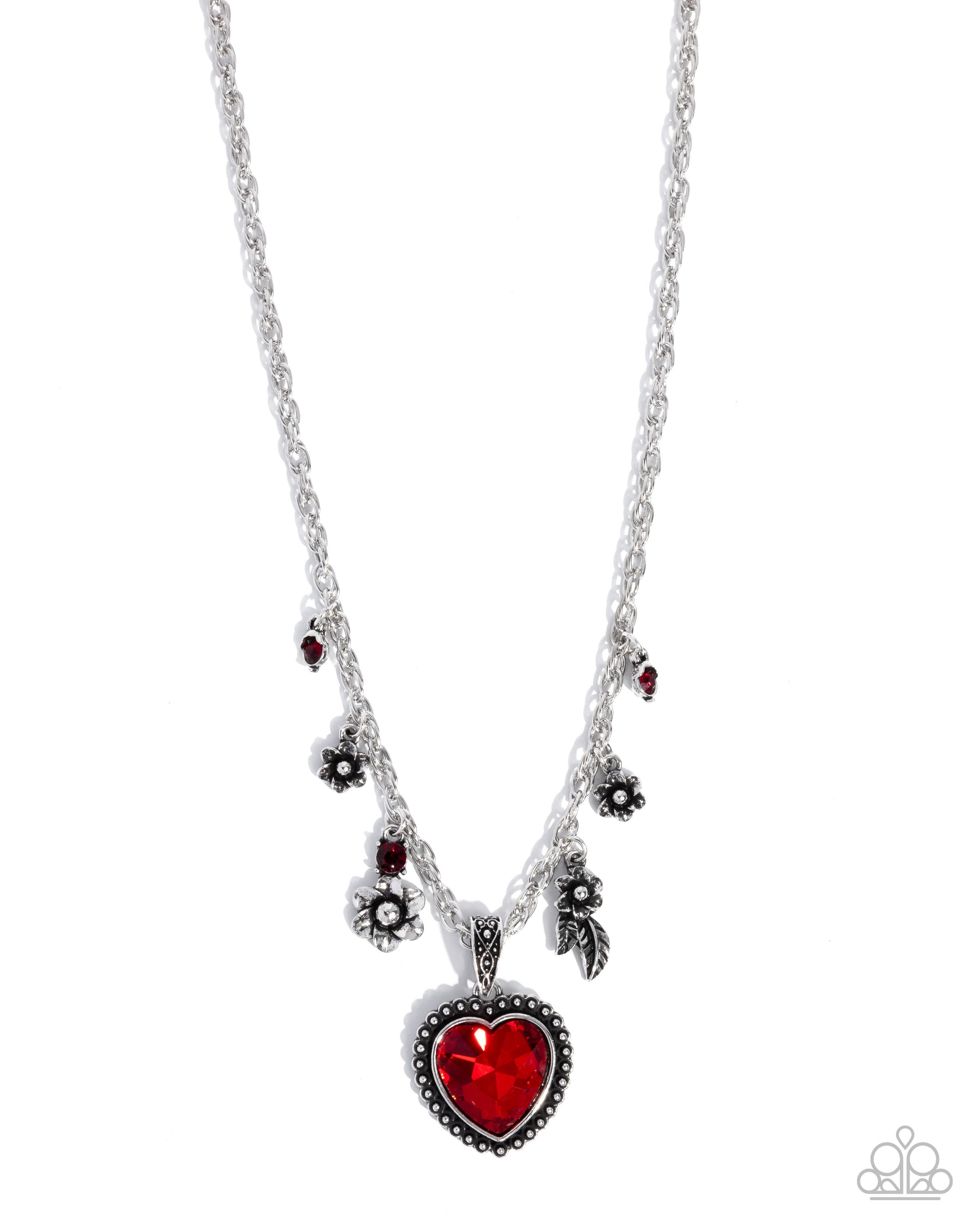 Necklace with a red heart pendant and floral elements on a white background