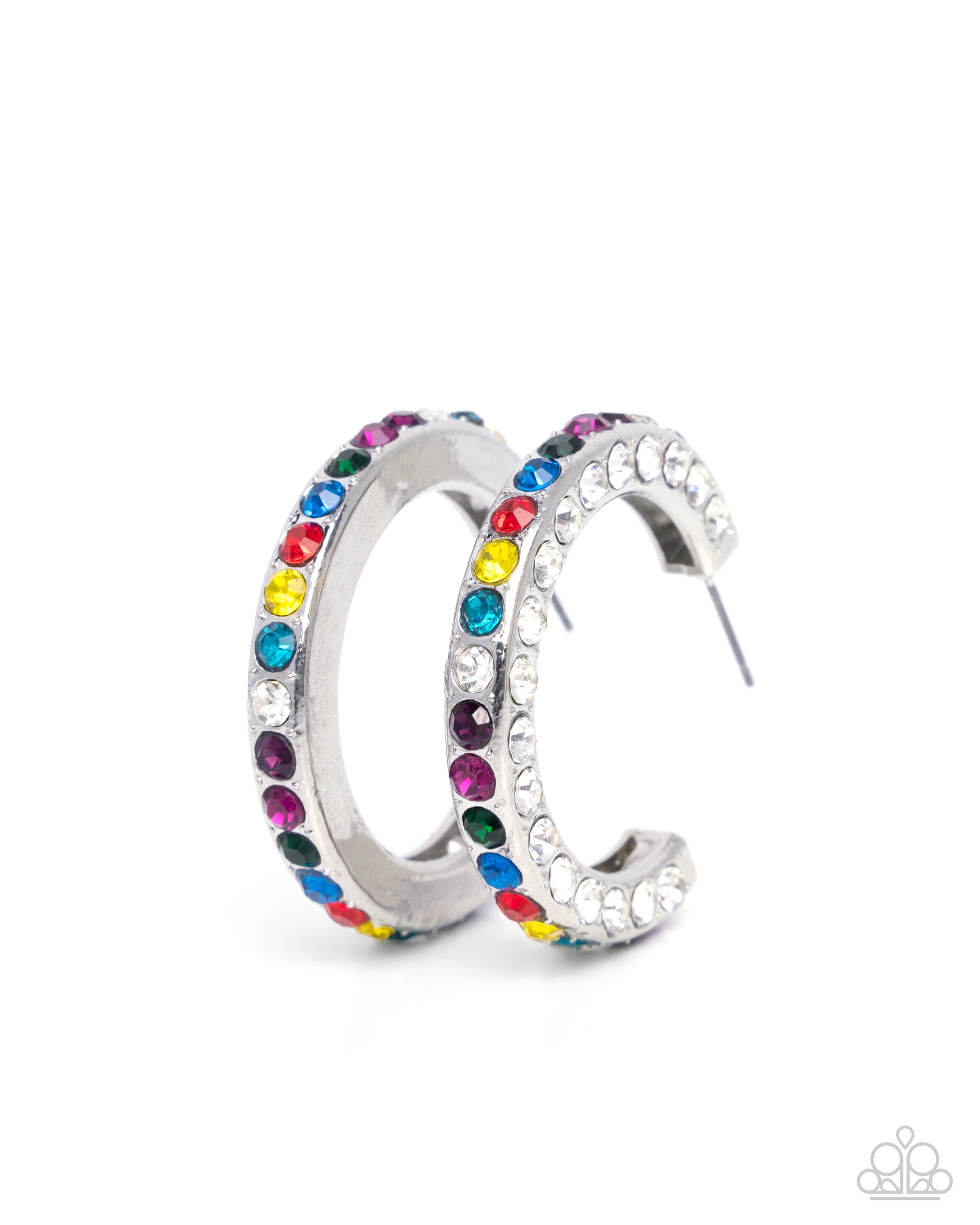Silver hoop earrings with colorful gemstones on a white background