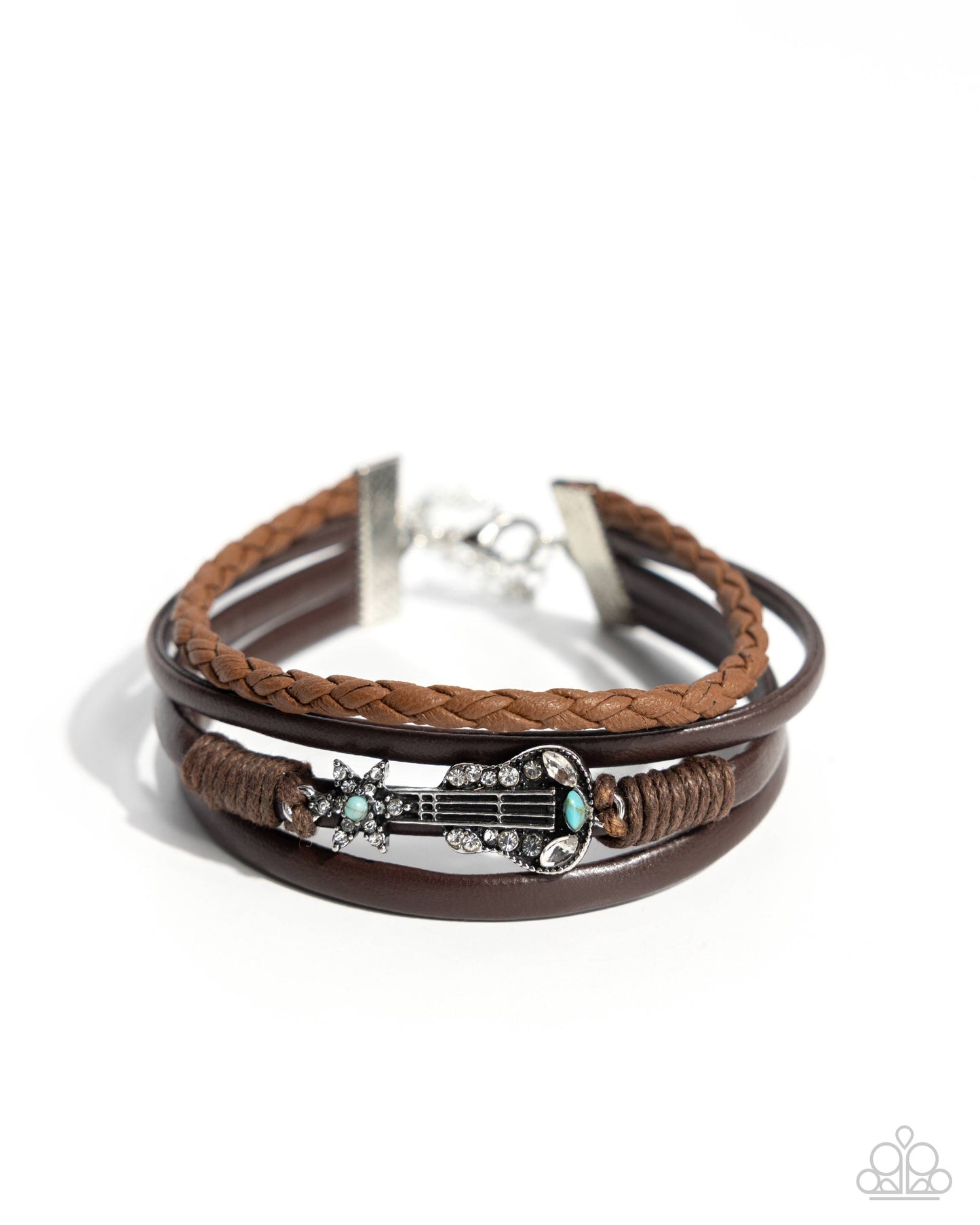 Brown braided leather bracelet with silver and turquoise accents on a white background