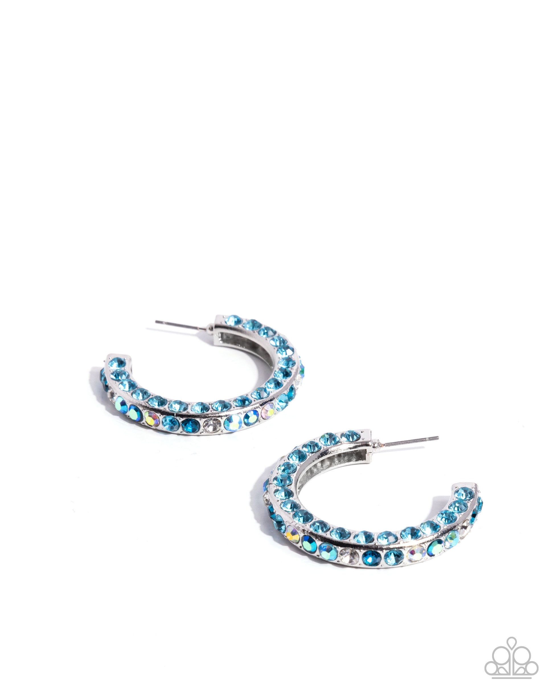 Pair of blue hoop earrings on a white background