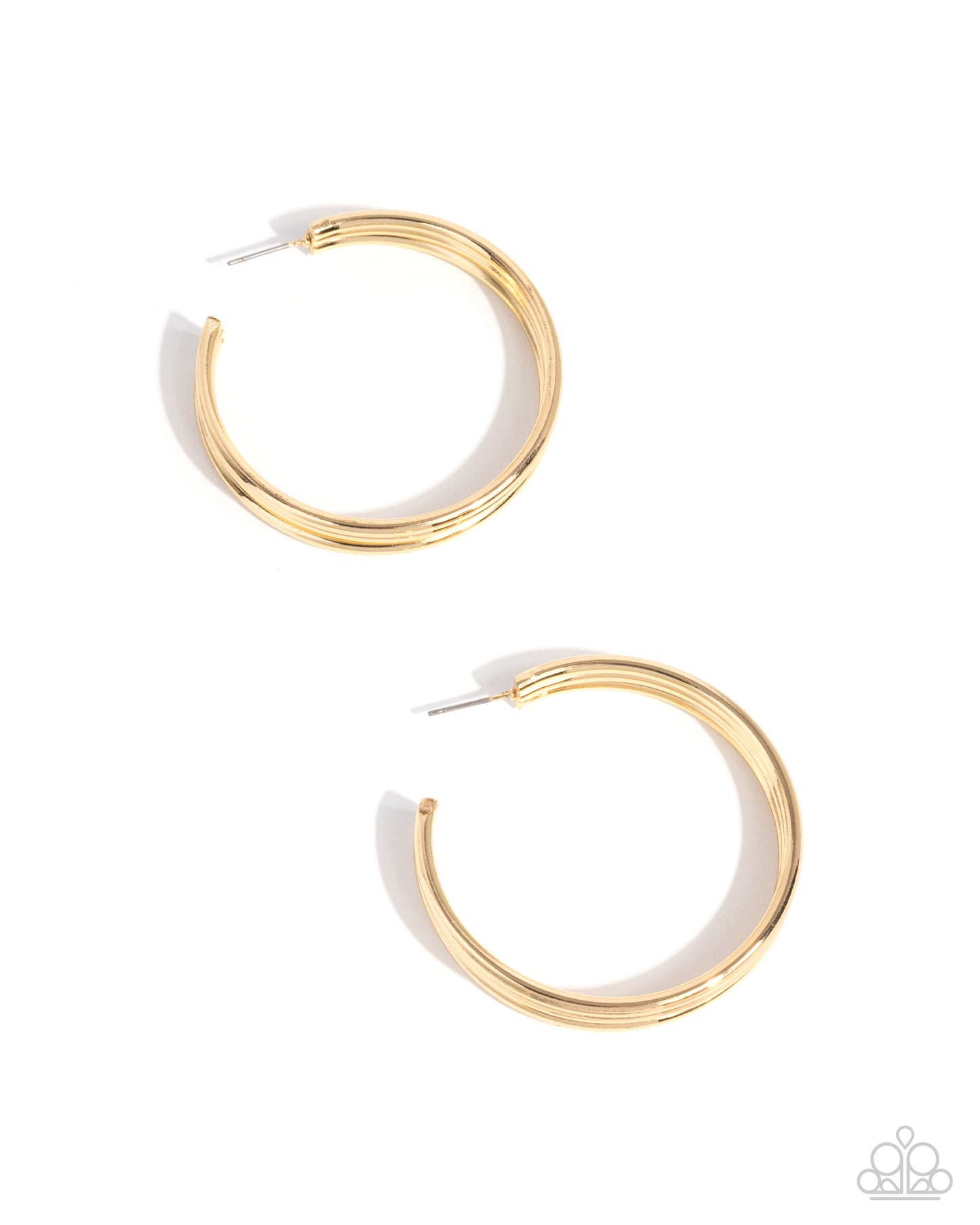 Gold hoop earrings with white interior on a white background