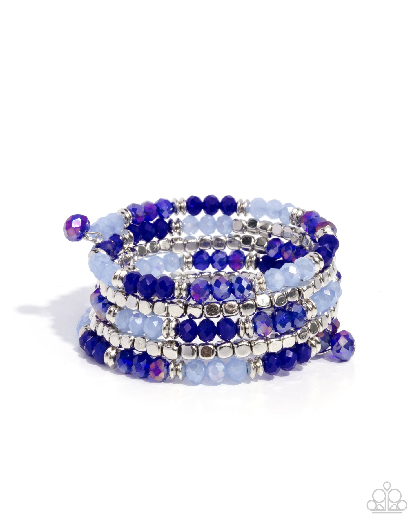 Stack of blue beaded bracelets on a white background