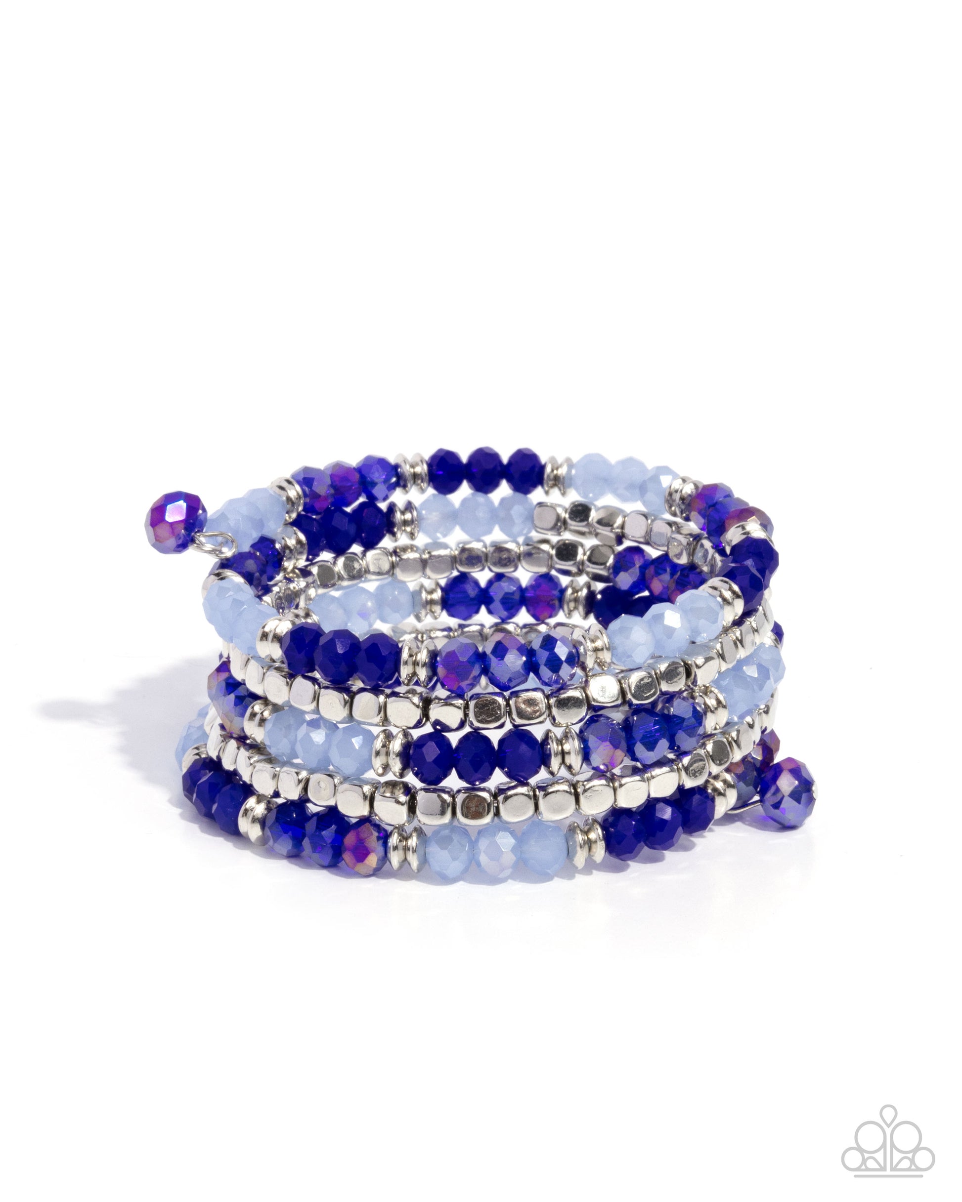 Stack of blue beaded bracelets on a white background