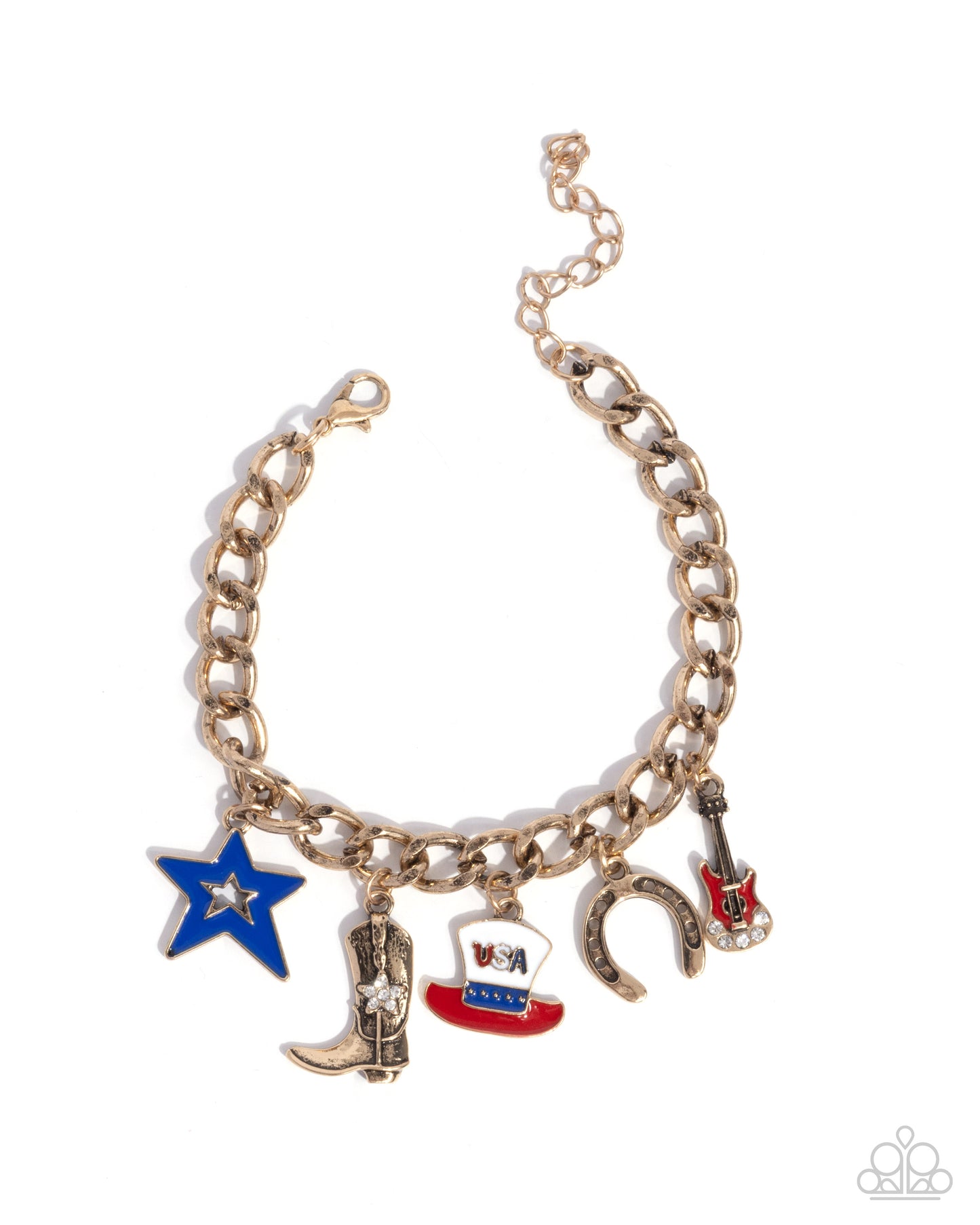 Gold bracelet with various charms including a star, cowboy boot, and American flag design on a white background.