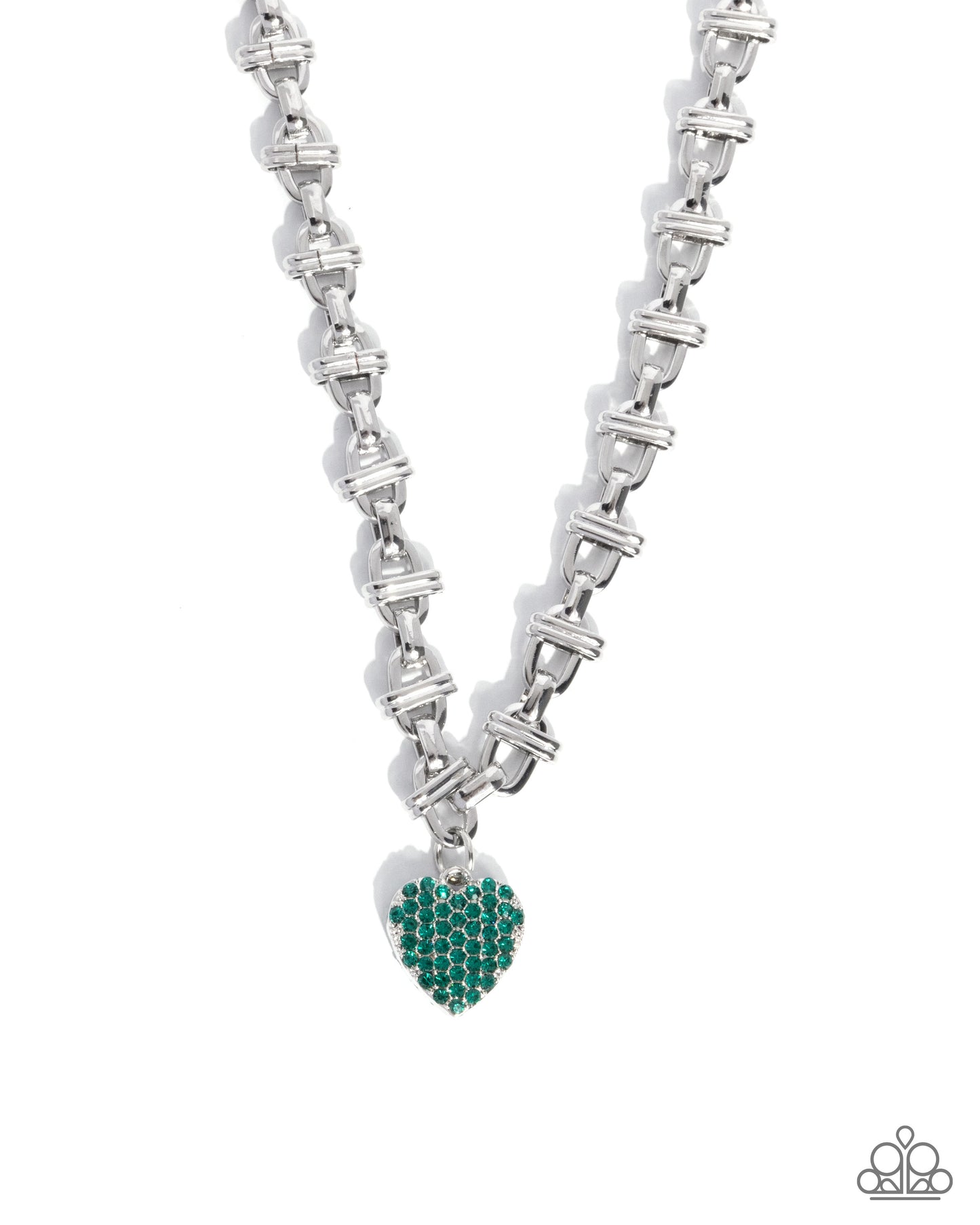 A silver-tone chain necklace with a heart-shaped pendant encrusted with green gemstones, shown on a plain white background.