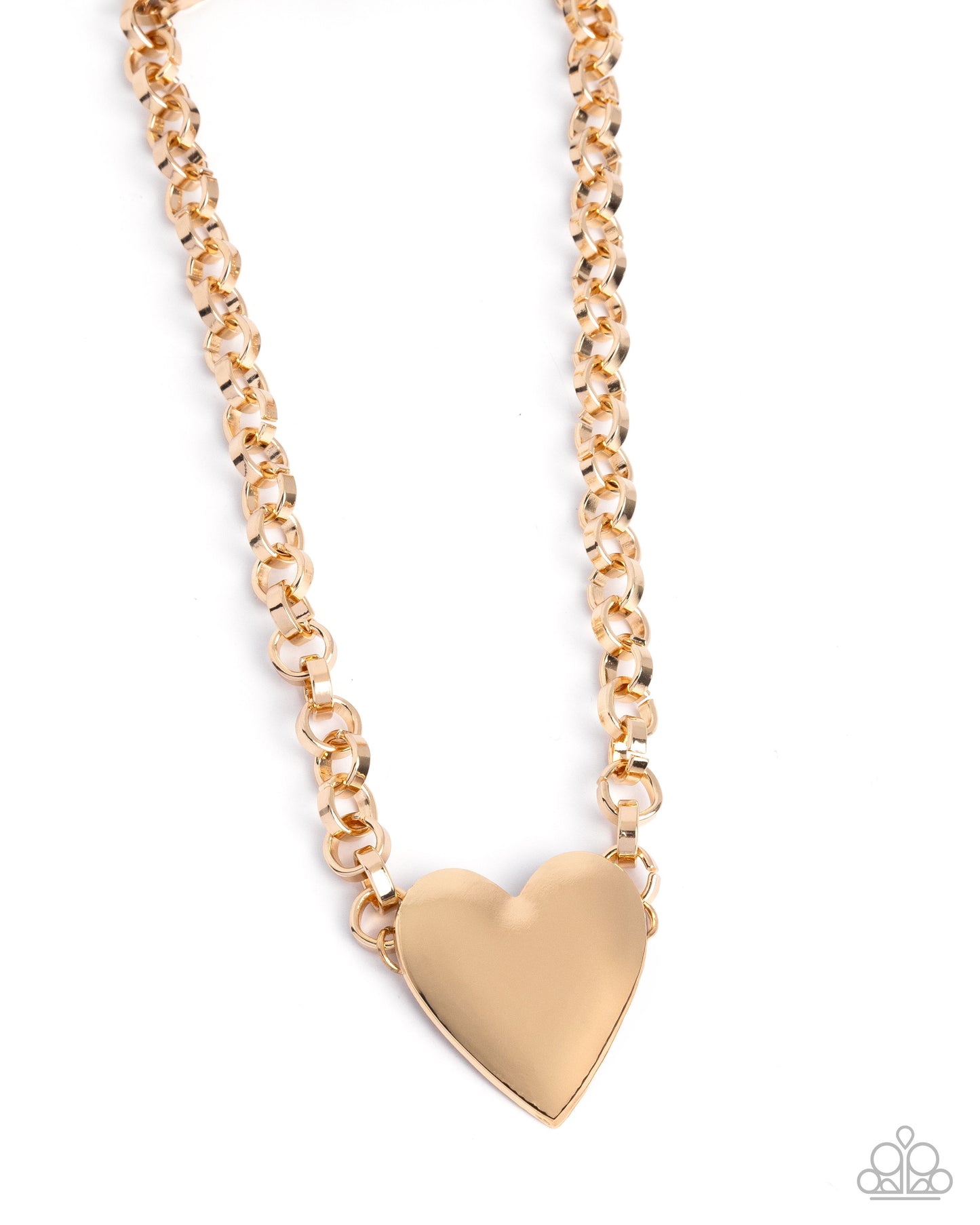 Gold heart-shaped pendant on a gold chain against a white background