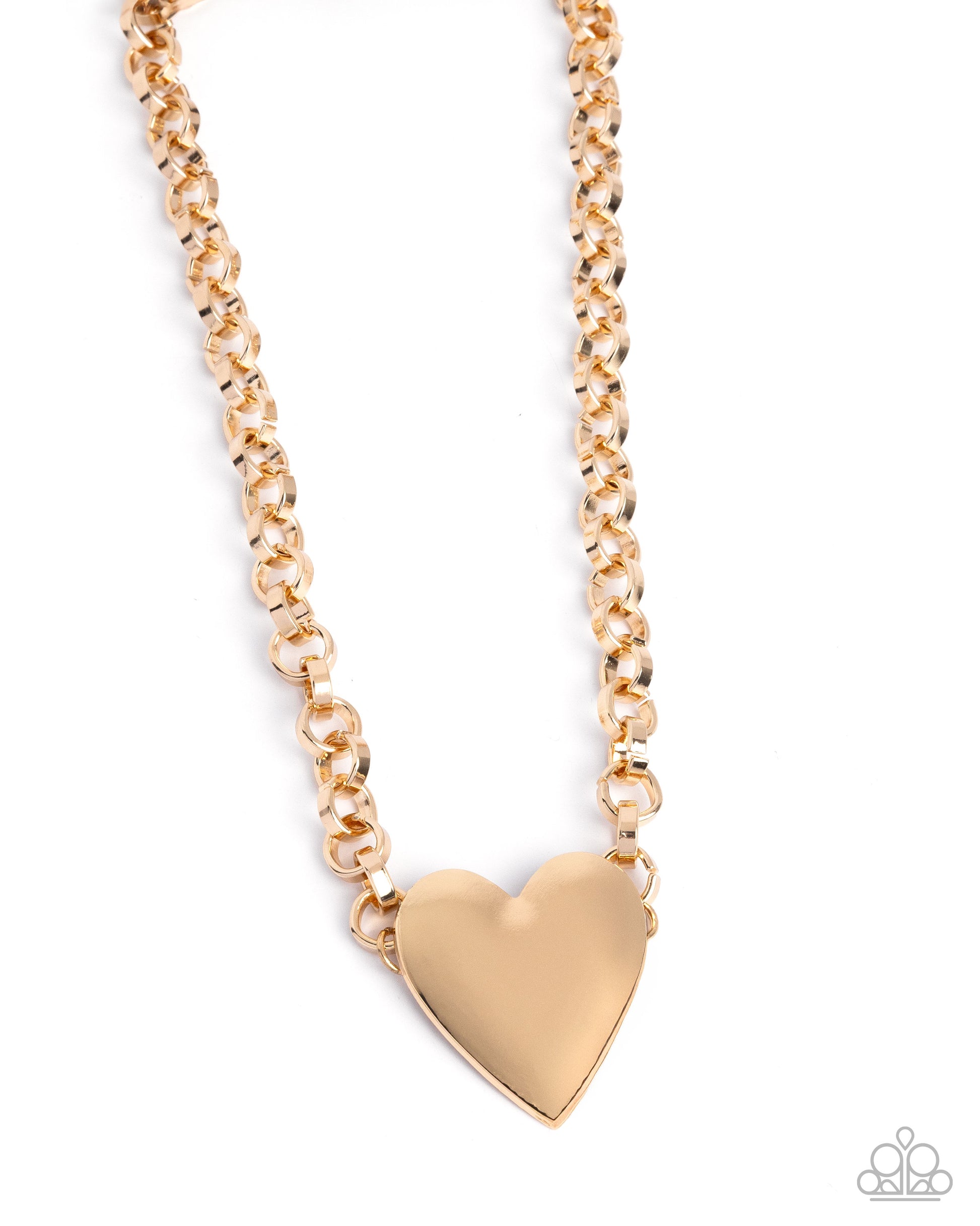Gold heart-shaped pendant on a gold chain against a white background