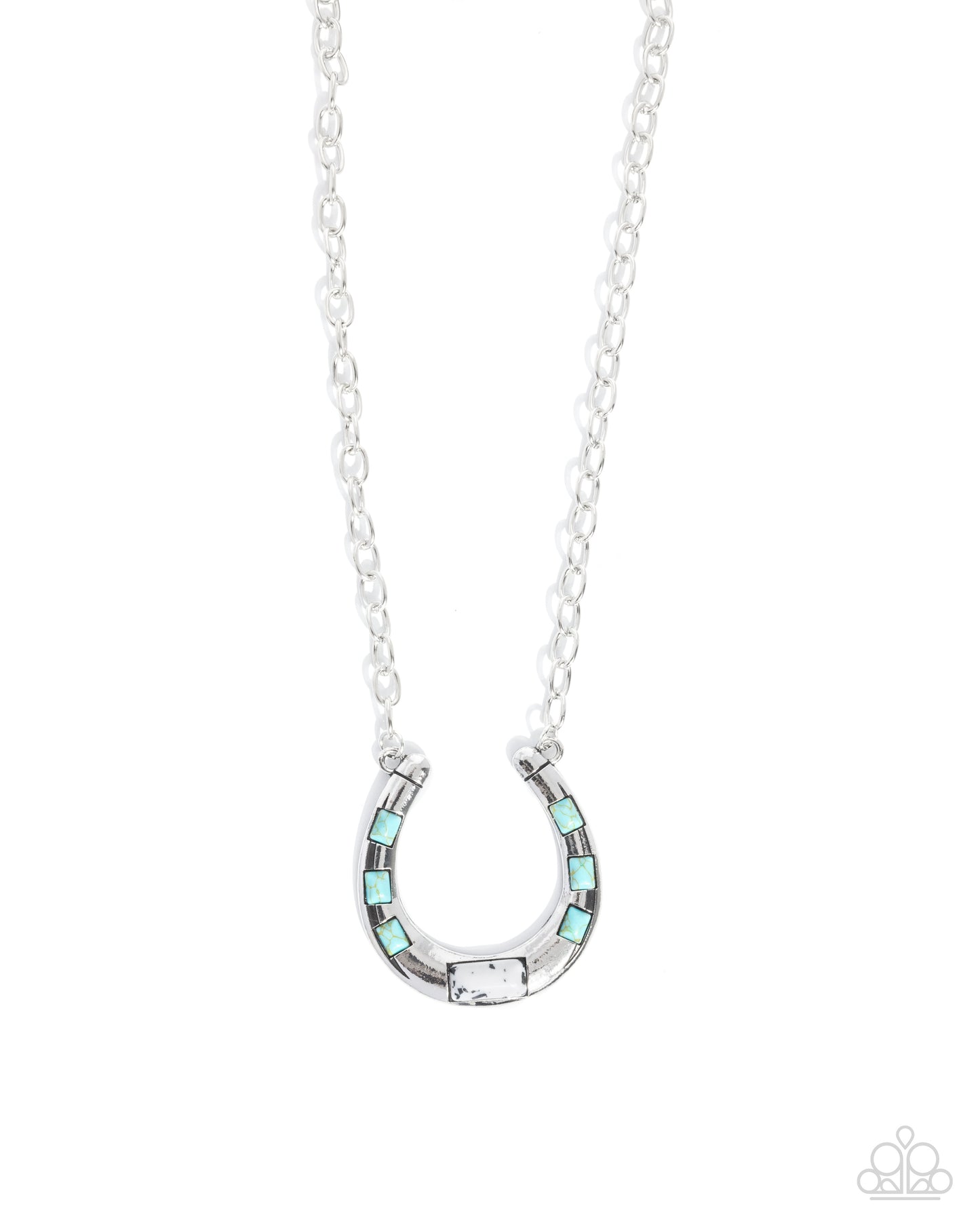 Silver horseshoe necklace with turquoise stones on a white background