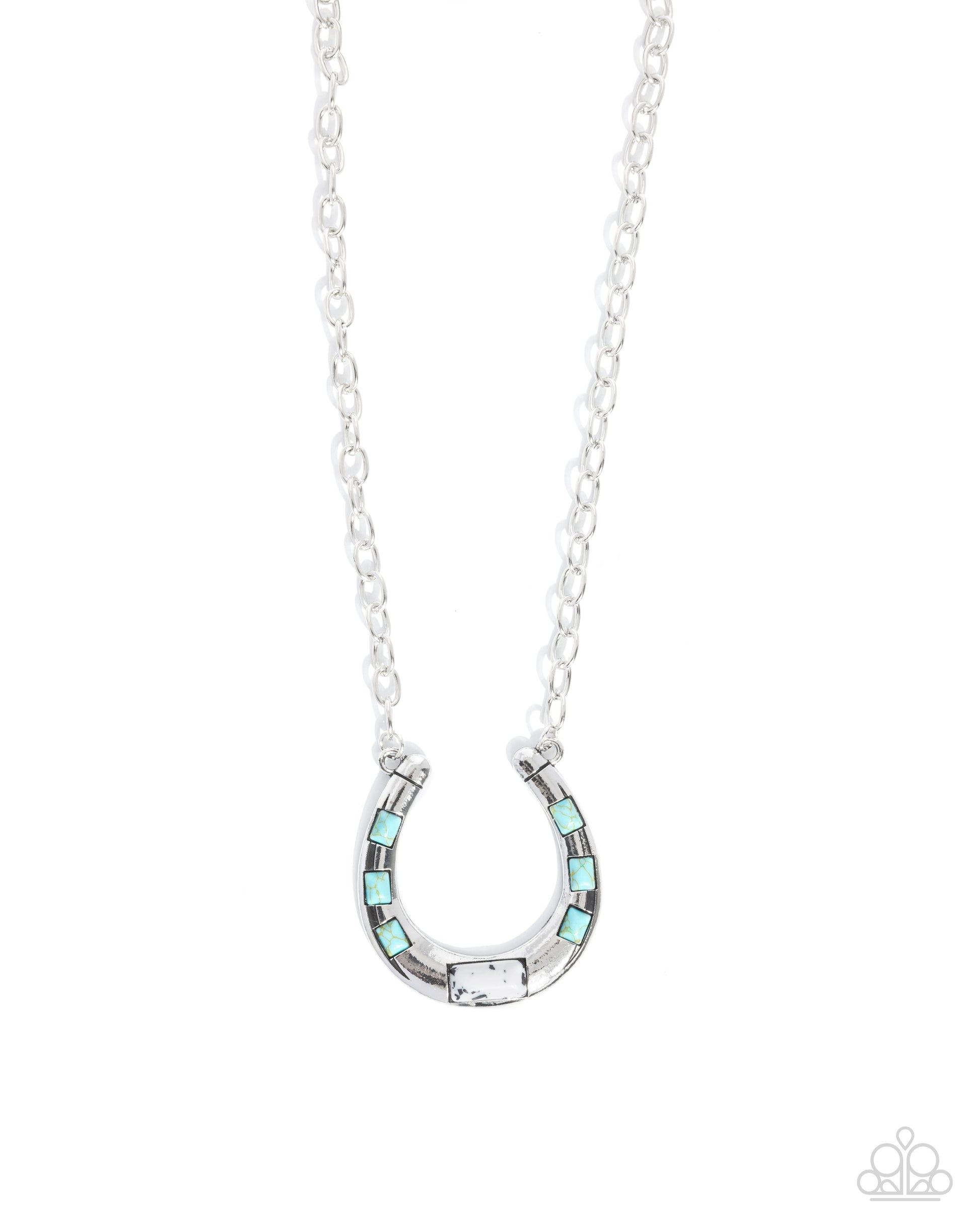 Silver horseshoe necklace with turquoise stones on a white background