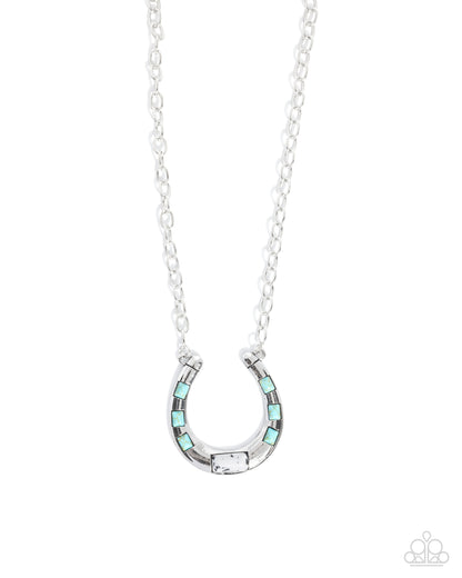 Silver horseshoe necklace with turquoise stones on a white background
