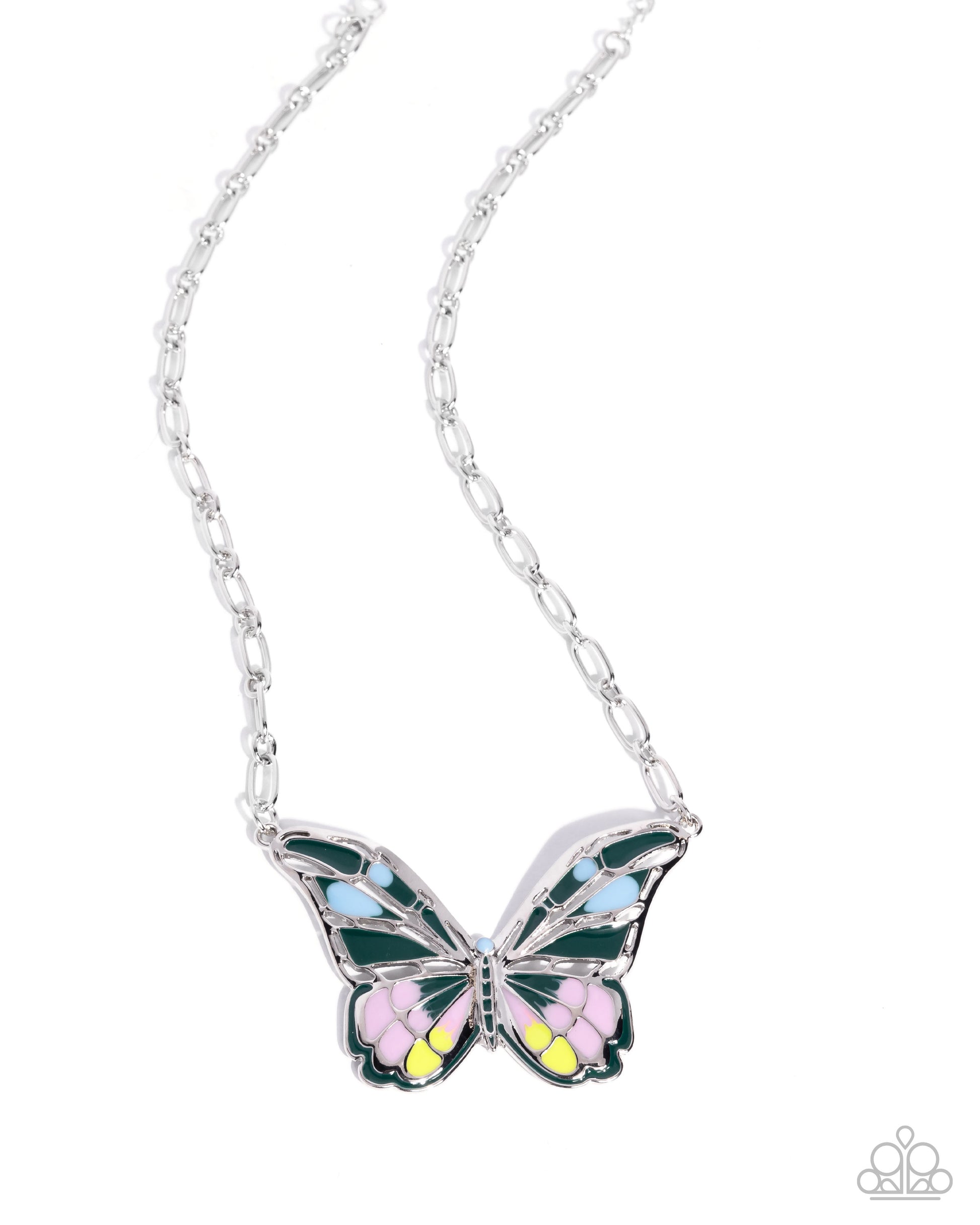 Butterfly-shaped pendant on a silver chain against a white background