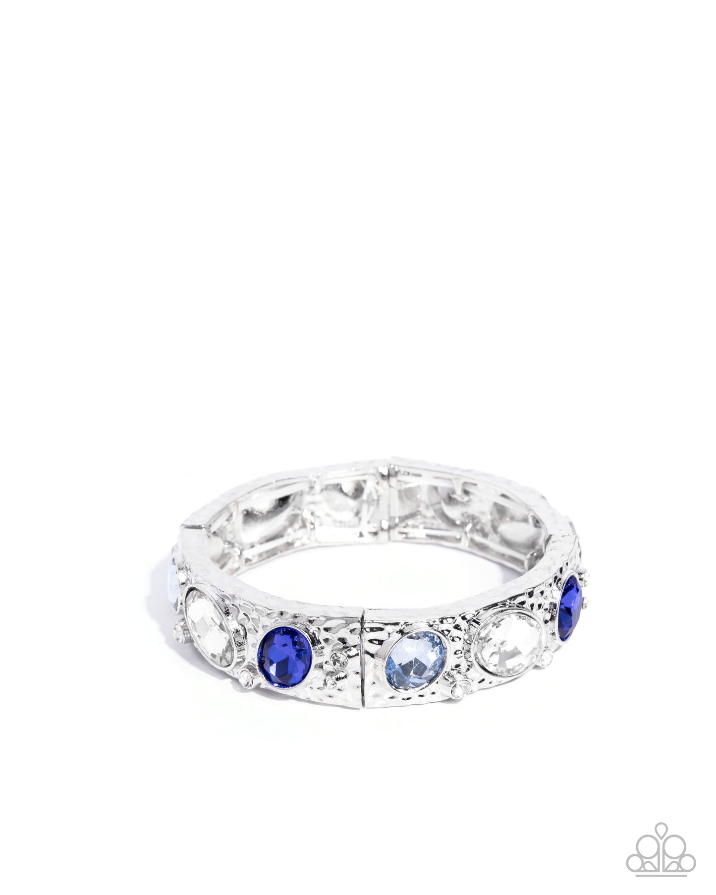 Silver ring with blue gemstones on a white background