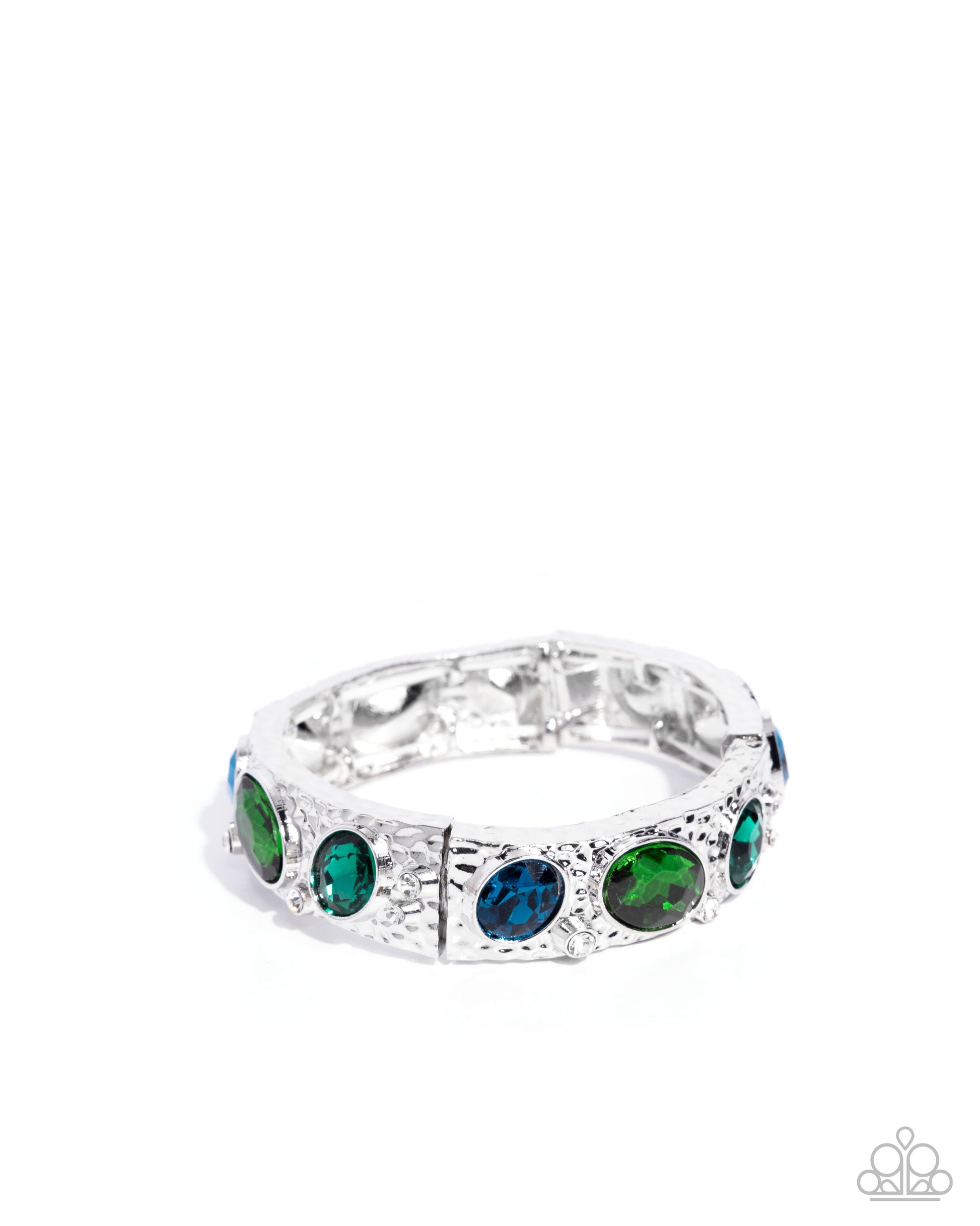 Silver ring with green and blue gemstones on a white background