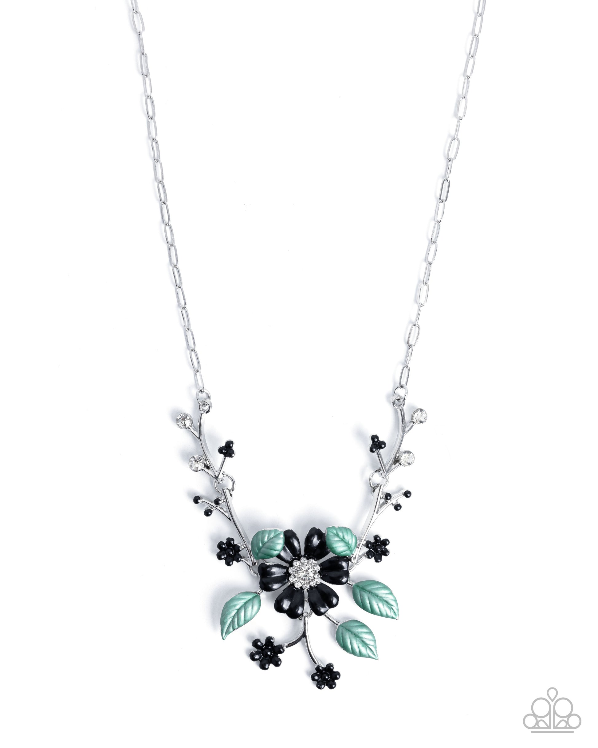 Necklace with floral design featuring black and green elements on a white background