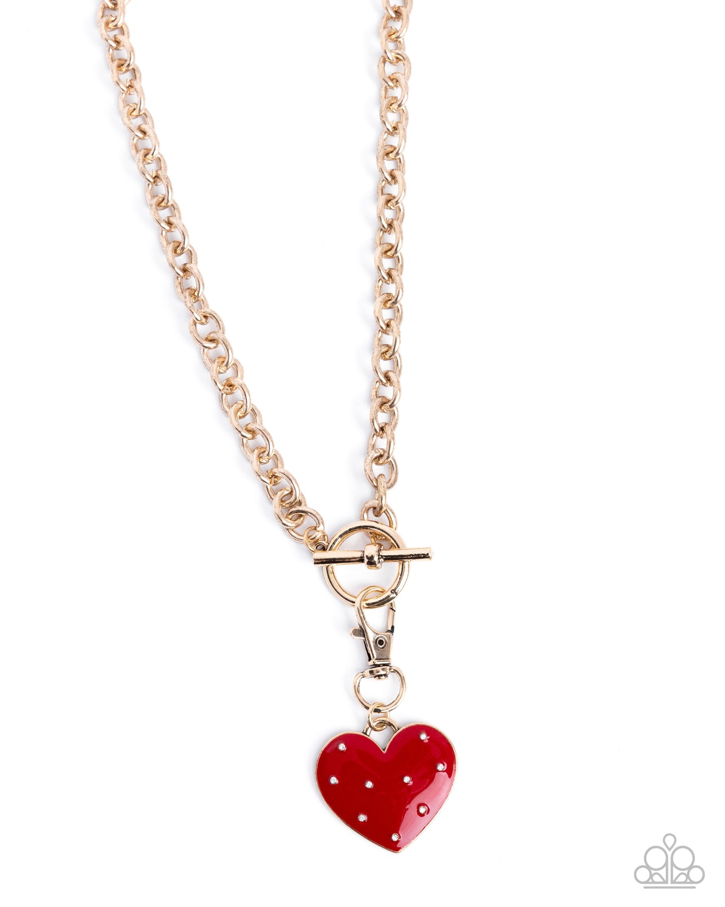 Necklace with a red heart charm on a white background