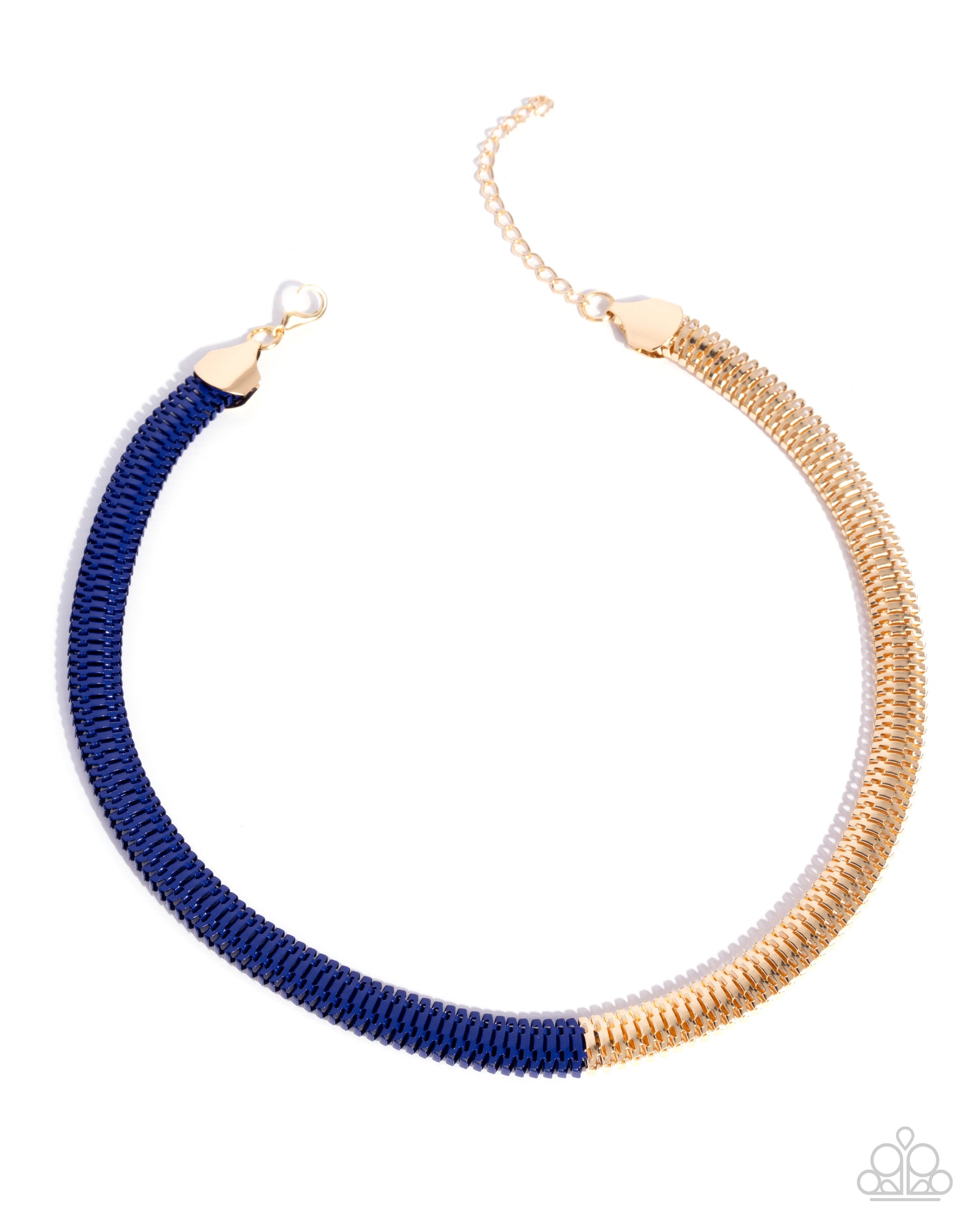 Necklace with blue and gold sections on a white background