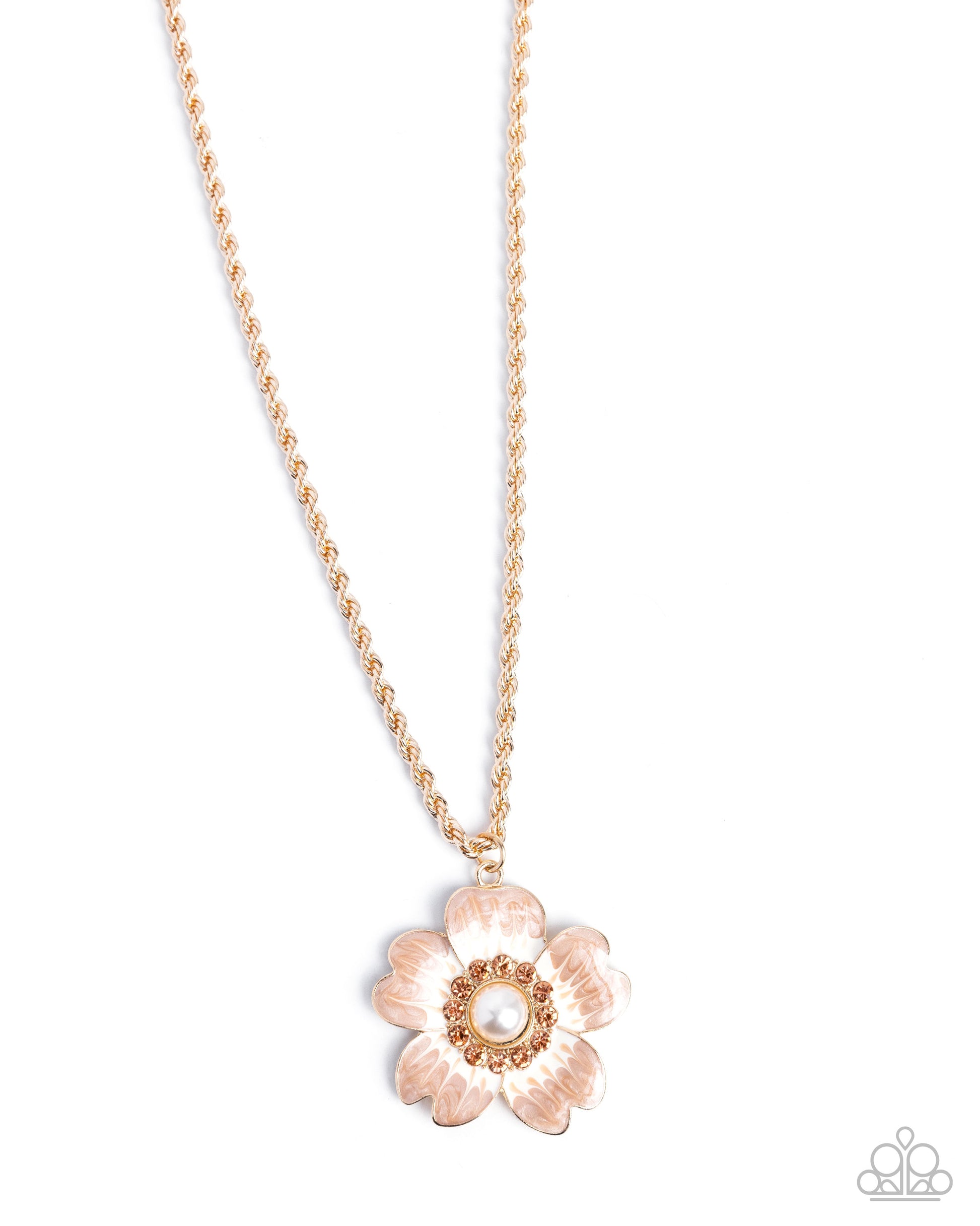 Rose gold flower pendant necklace on a white background