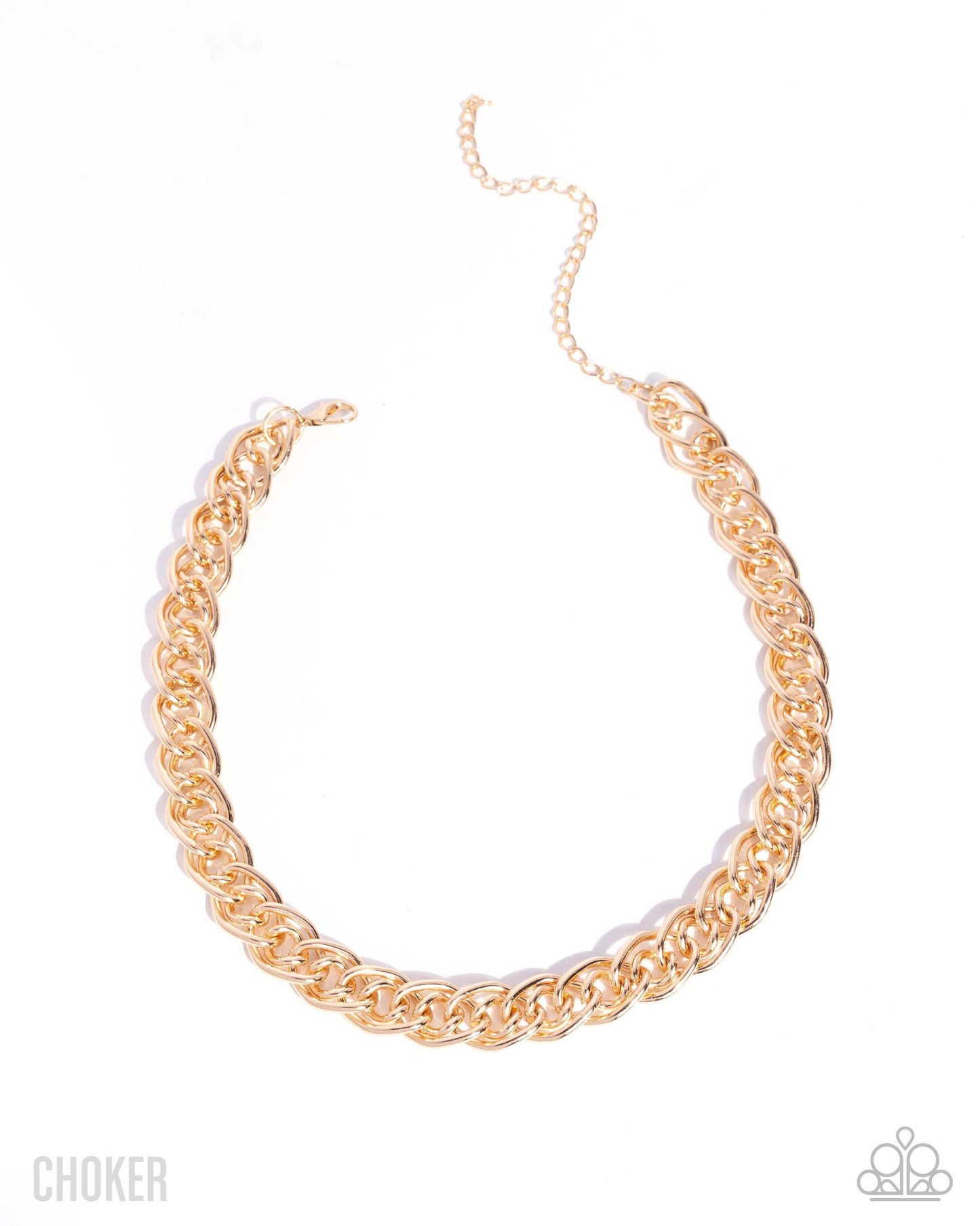 Gold chain choker necklace on a white background