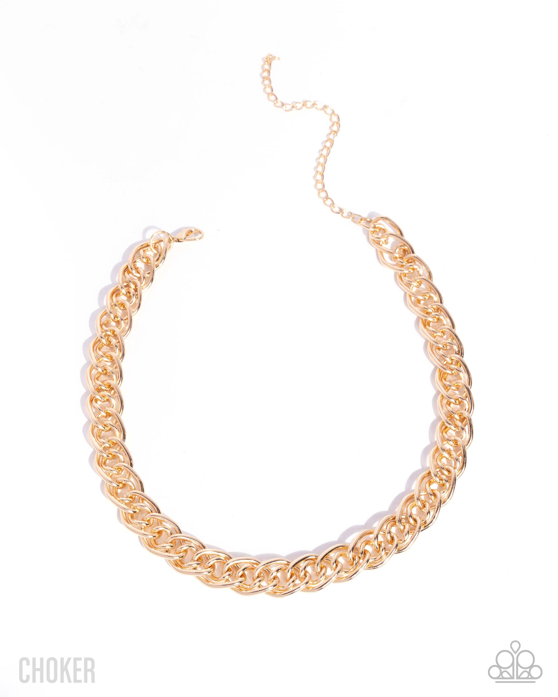 Gold chain choker necklace on a white background
