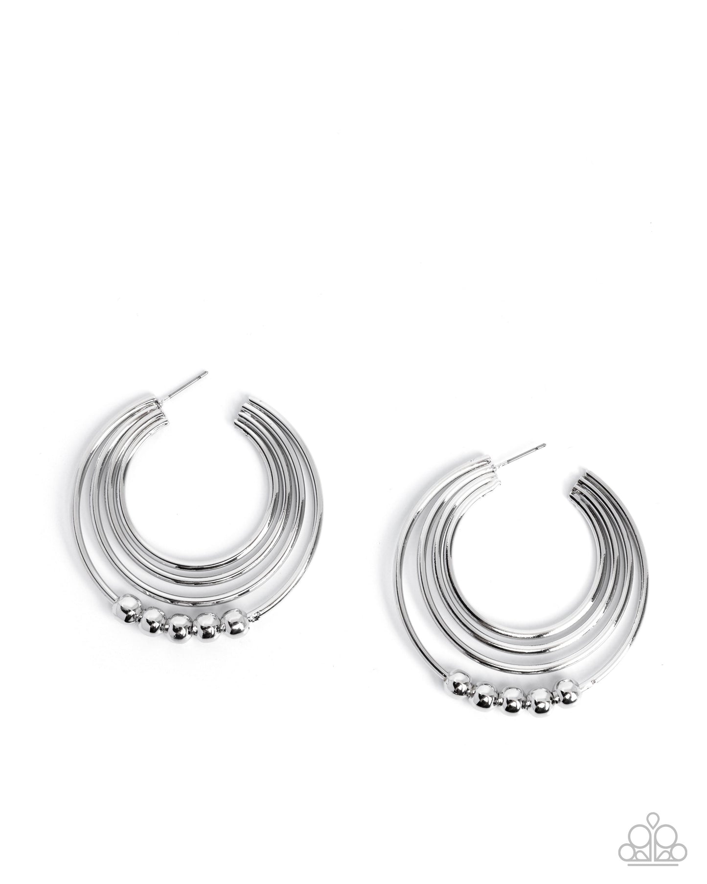 Silver hoop earrings with small beads on a white background