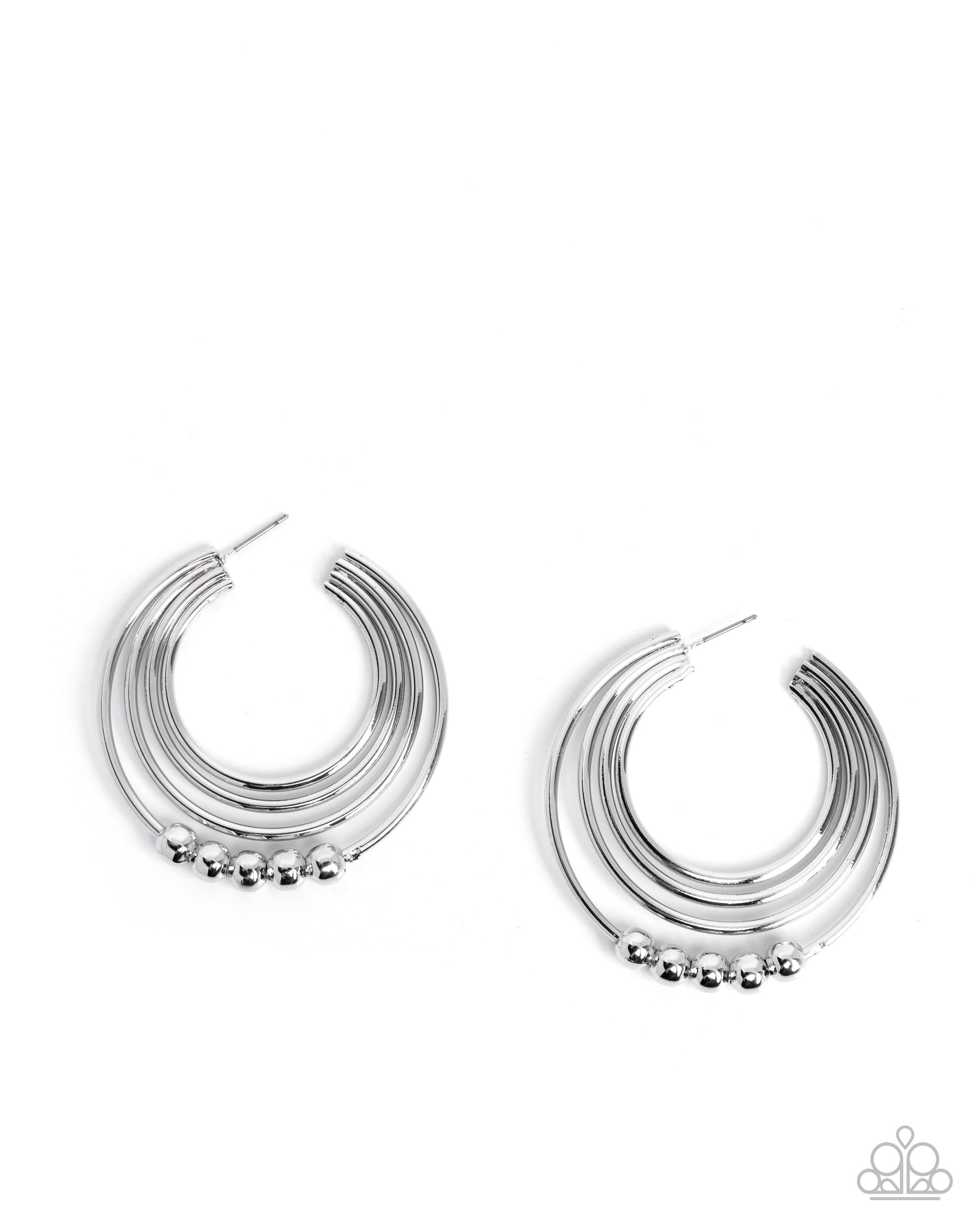 Silver hoop earrings with small beads on a white background