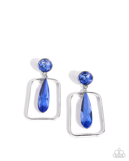 Pair of blue teardrop earrings with silver frames on a white background